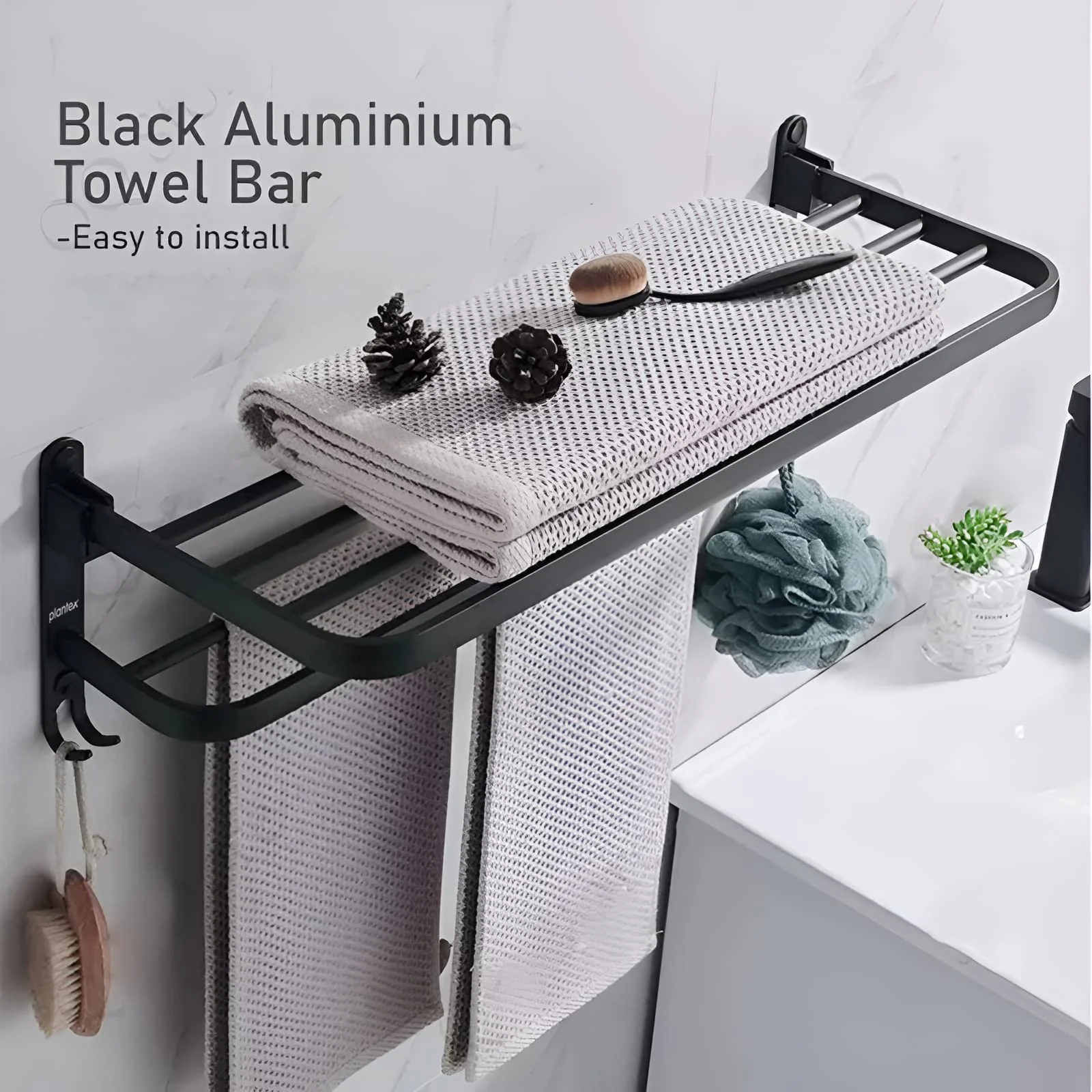 Plantex Space Aluminium Folding Towel Rack with Fix Towel Rod/Towel Bar for Bathroom/Towel Hanger with Hook/Bathroom Accessories (963, Black) - Pack of 1 - Image 5