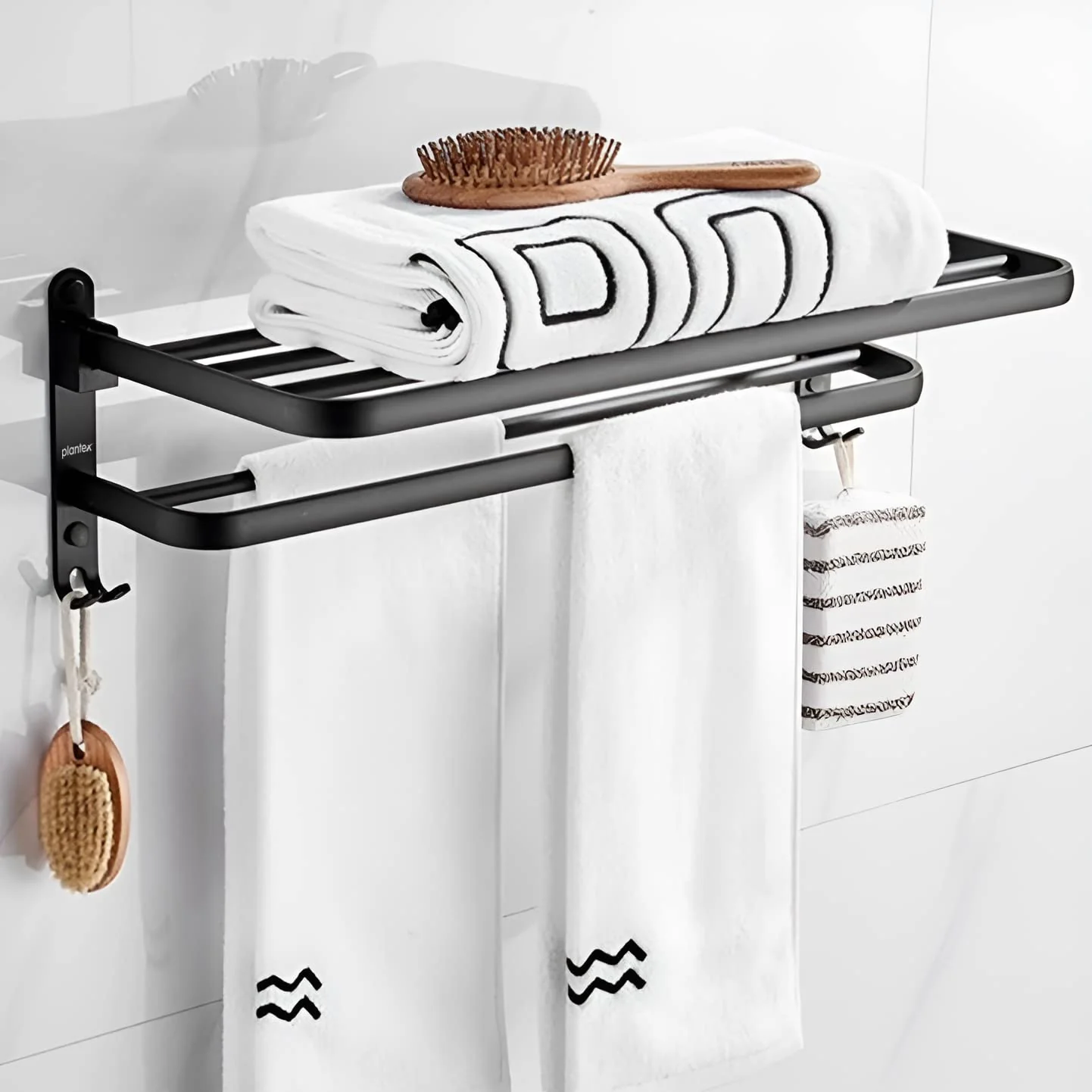 Plantex Space Aluminium Folding Towel Rack with Fix Towel Rod/Towel Bar for Bathroom/Towel Hanger with Hook/Bathroom Accessories (963, Black) - Pack of 1 - Image 7