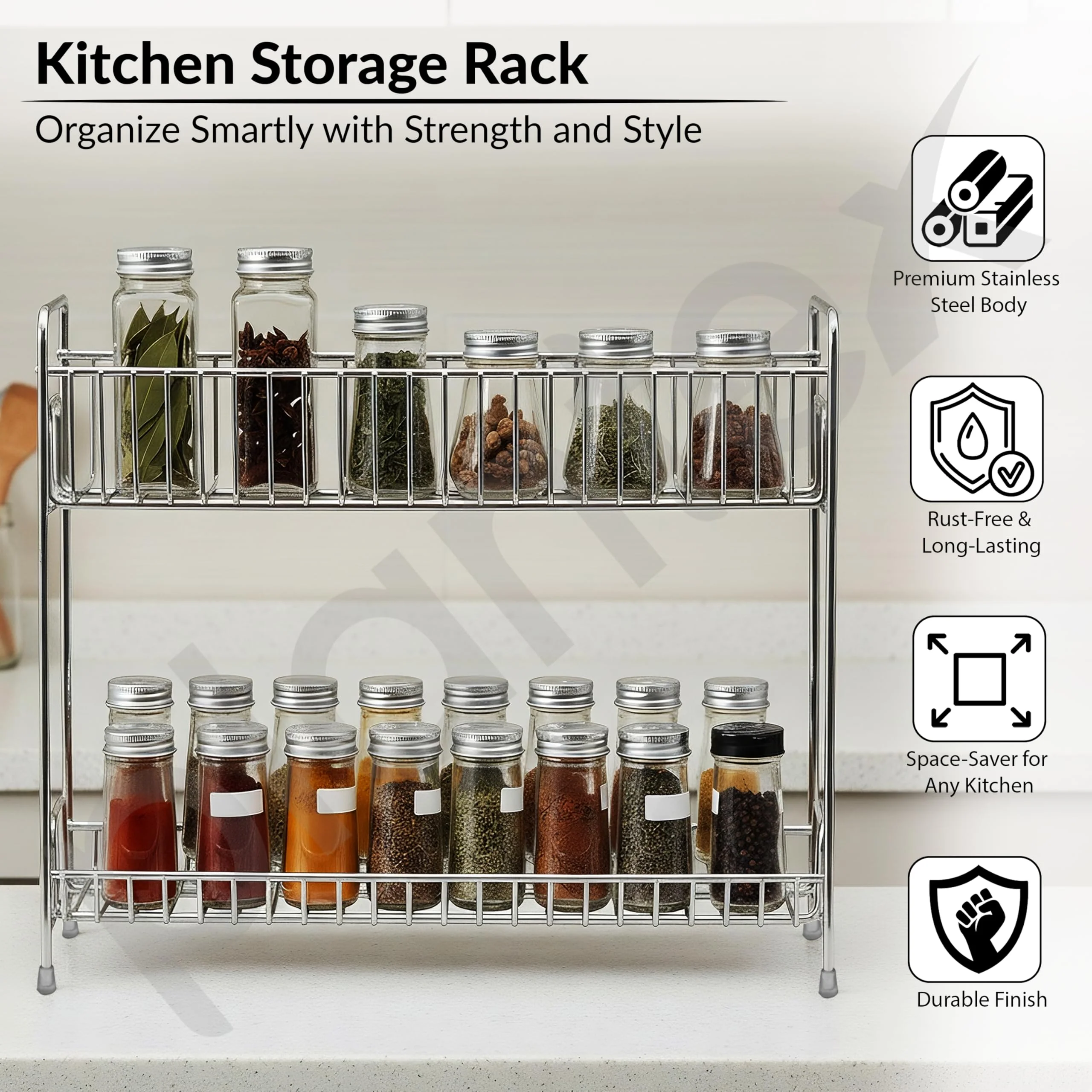 Plantex Stainless Steel 2-Tier Tiered Shelf Table Mount Kitchen Organizer/Spice Rack/Multipurpose Storage Stand/Racks For Kitchen (Chrome) - Image 2