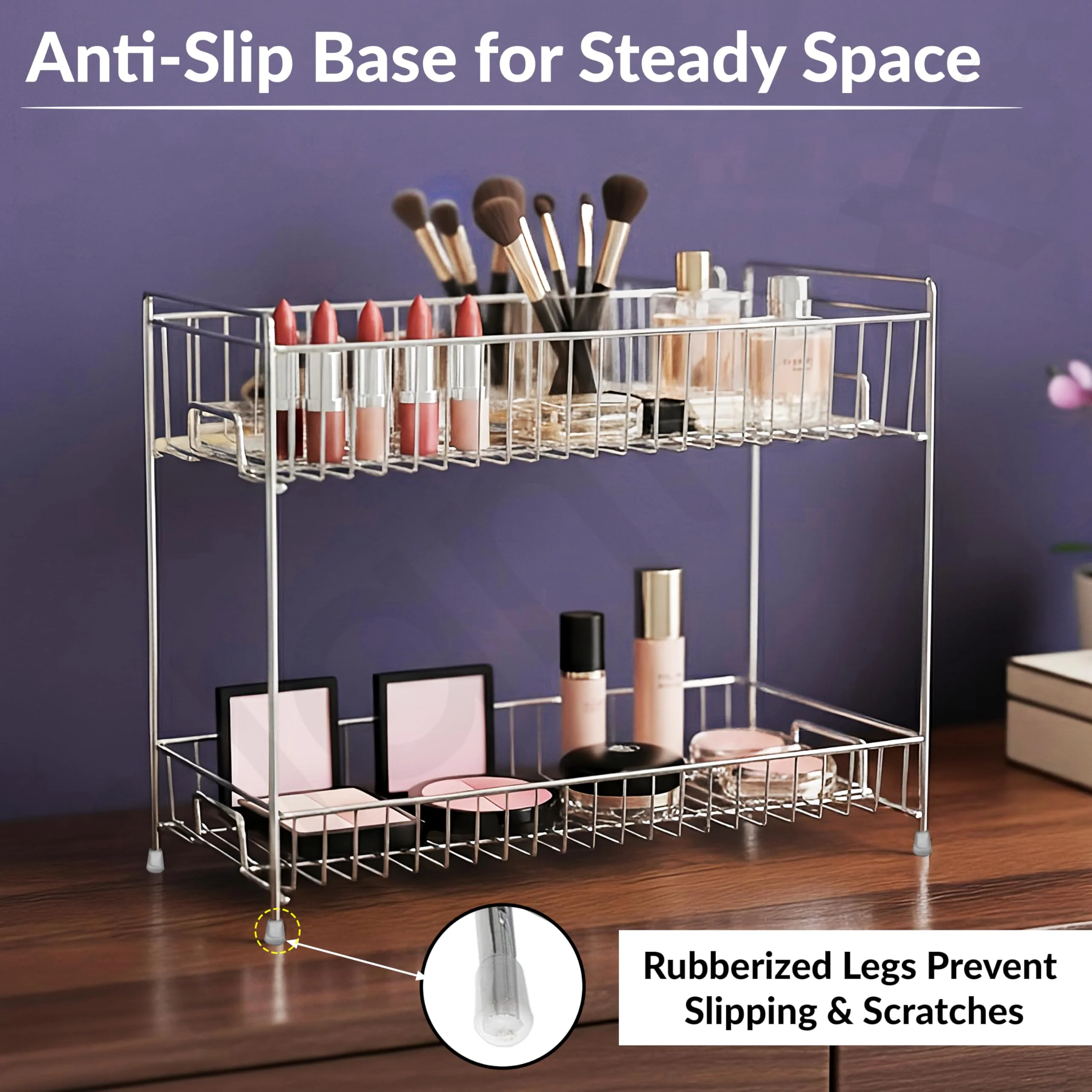Plantex Stainless Steel 2-Tier Tiered Shelf Table Mount Kitchen Organizer/Spice Rack/Multipurpose Storage Stand/Racks For Kitchen (Chrome) - Image 3