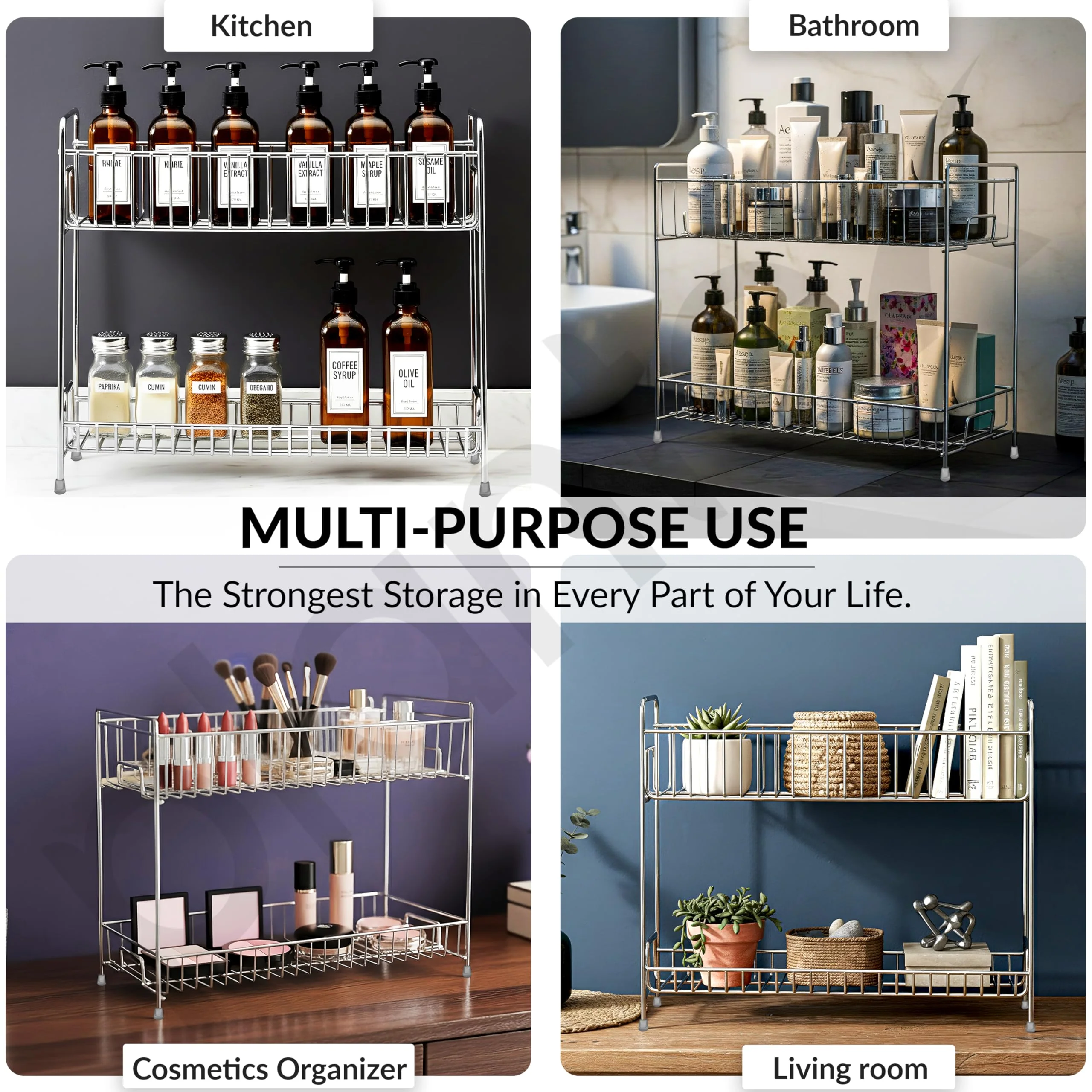 Plantex Stainless Steel 2-Tier Tiered Shelf Table Mount Kitchen Organizer/Spice Rack/Multipurpose Storage Stand/Racks For Kitchen (Chrome) - Image 5