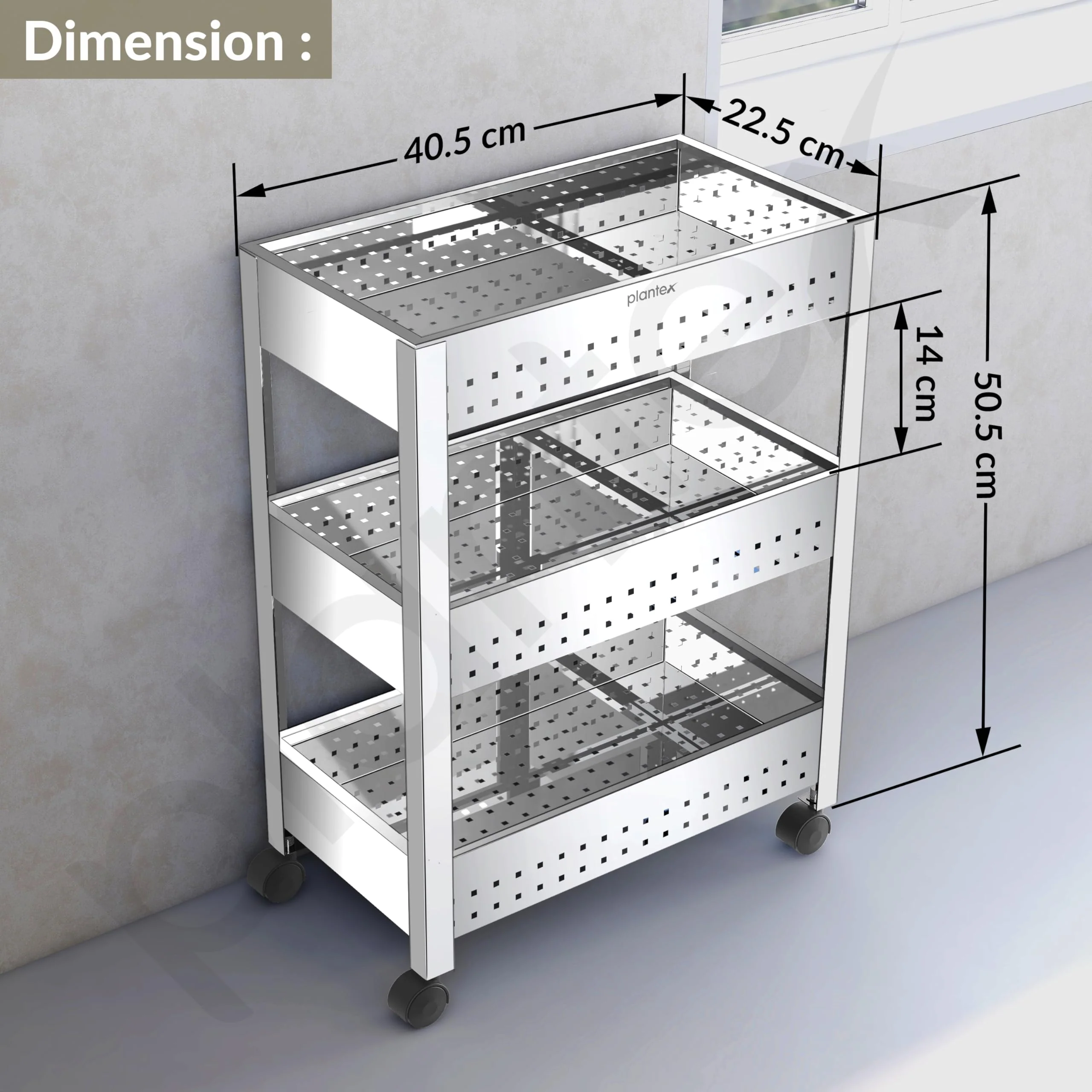 Plantex Stainless Steel 3-Tier Vegetable Storage Basket for Kitchen/Onion Garlic Stand-Trolley (Square Profile-Silver) - Image 4