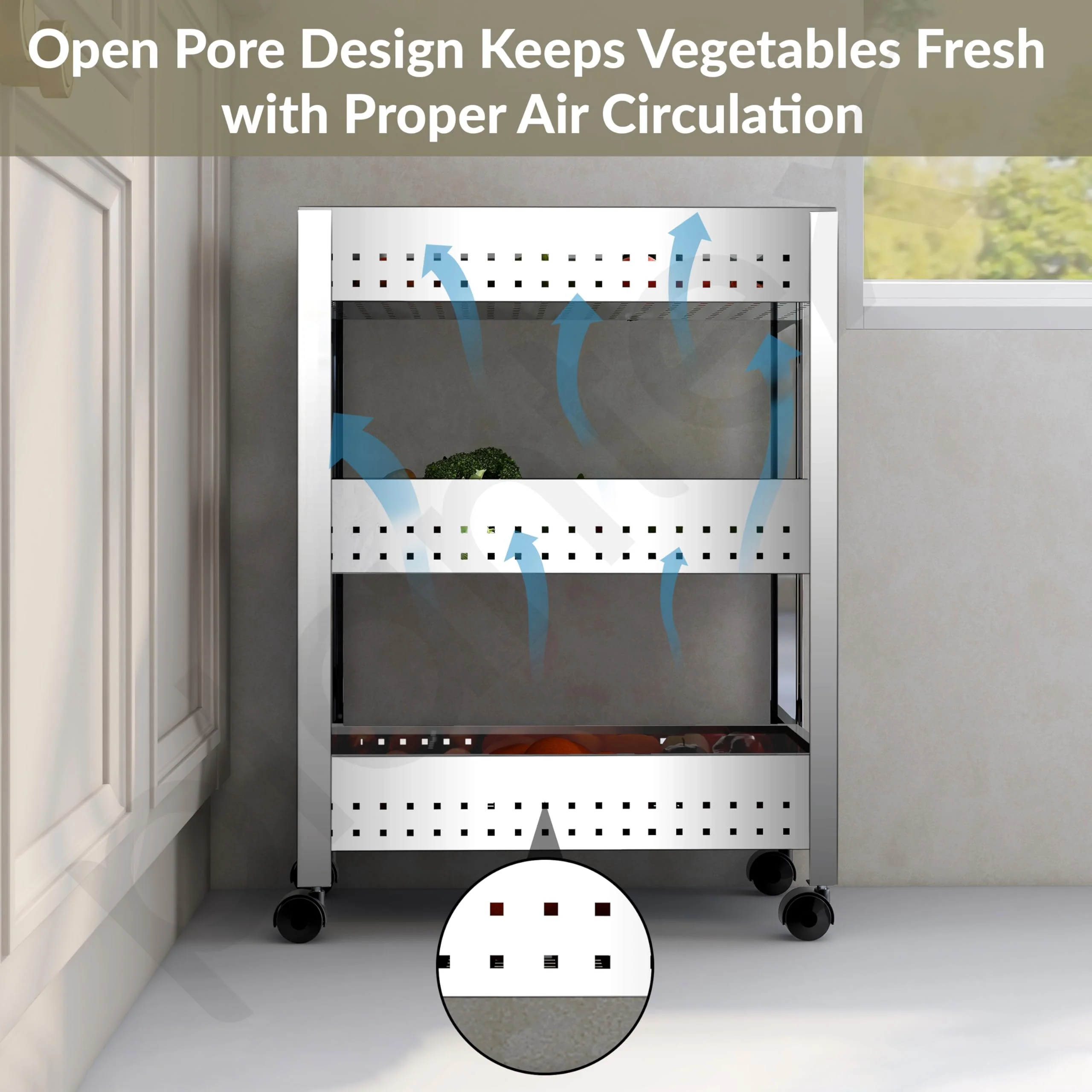 Plantex Stainless Steel 3-Tier Vegetable Storage Basket for Kitchen/Onion Garlic Stand-Trolley (Square Profile-Silver) - Image 7