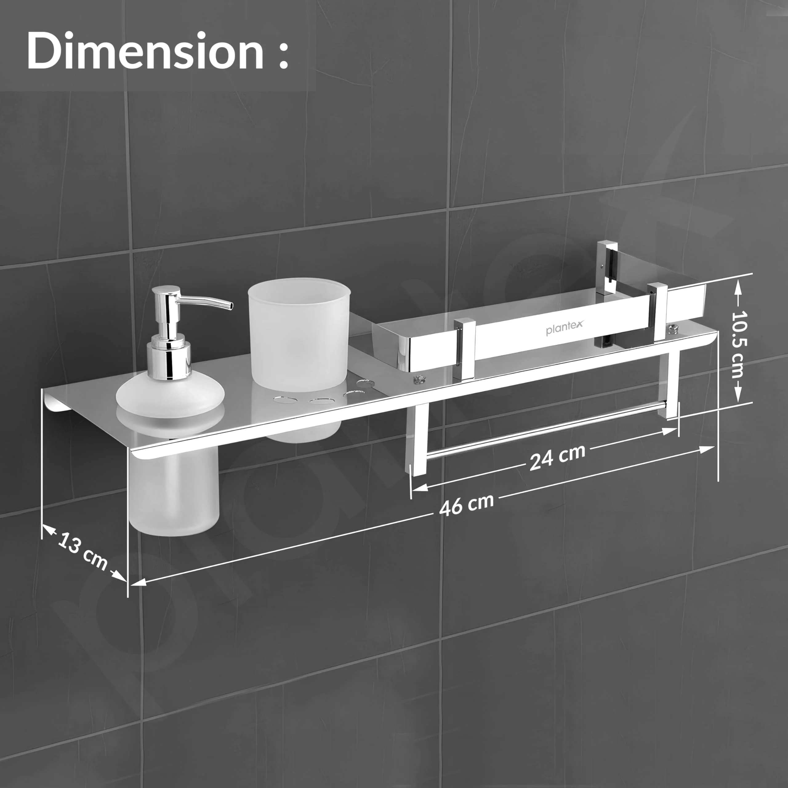 Plantex Stainless Steel 4in1 Multipurpose Bathroom Shelf/Bathroom Steel Rack with Tumbler Holder, Towel Rod and Liquid Soap Dispenser Chrome (18x5 inches) - Image 4