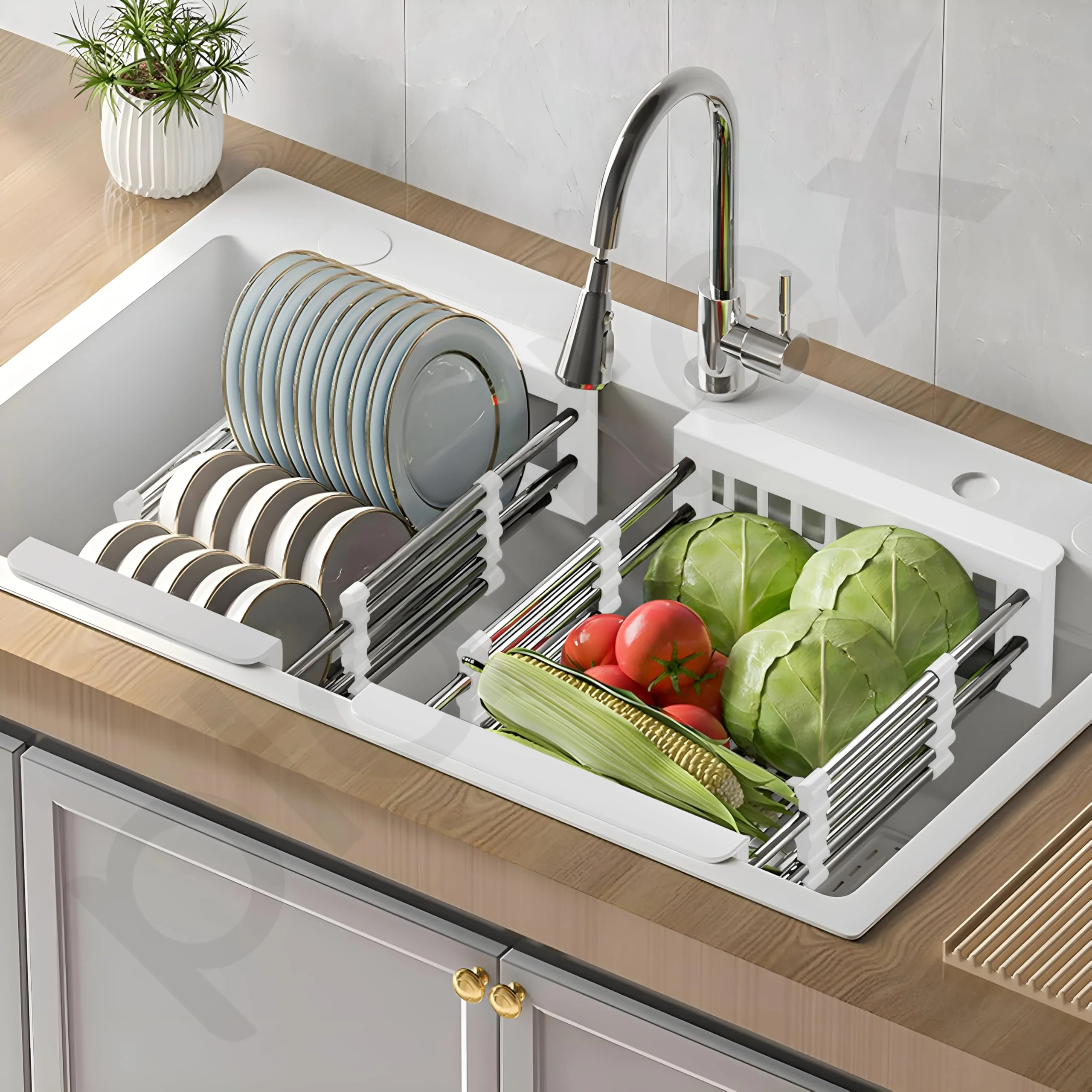 Plantex Stainless Steel & ABS Plastic Sink Drainer Basket/Sink Basket with Adjustable Armrest Kitchen Rack/Vegetable & Fruits Washing Organizer/Sink Utensils Drainer Stand - Pack of 1 (White) - Image 6