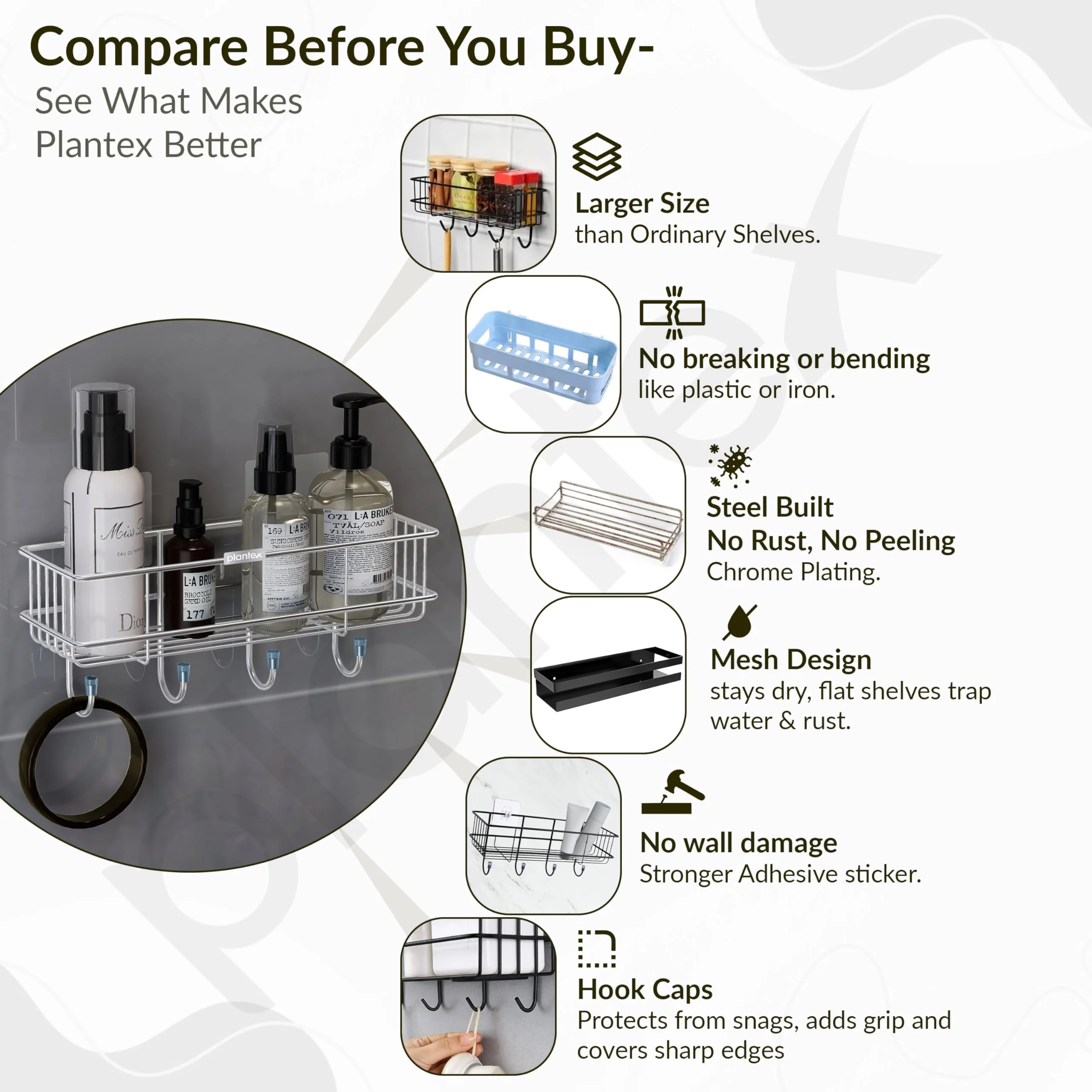 Plantex Stainless Steel Bathroom Organiser Without Drill/Multipurpose Shelf with Hooks/Drill Free Shampoo Holder for Bathroom - Wall Mount - Pack of 2 (Chrome) - Image 4