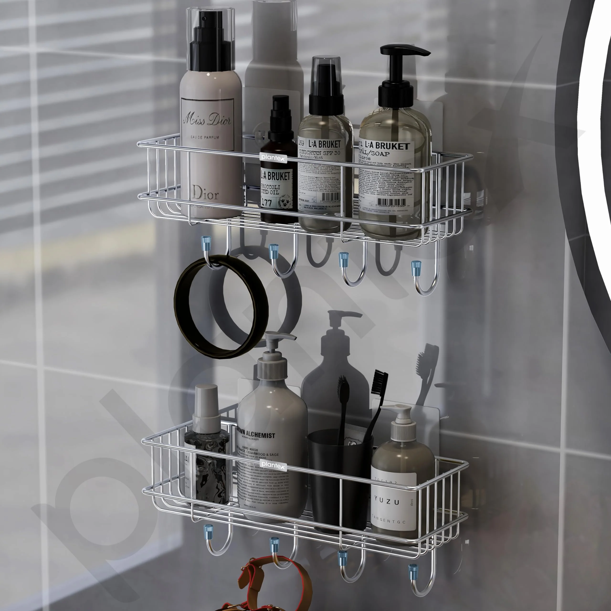 Plantex Stainless Steel Bathroom Organiser Without Drill/Multipurpose Shelf with Hooks/Drill Free Shampoo Holder for Bathroom - Wall Mount - Pack of 2 (Chrome) - Image 7