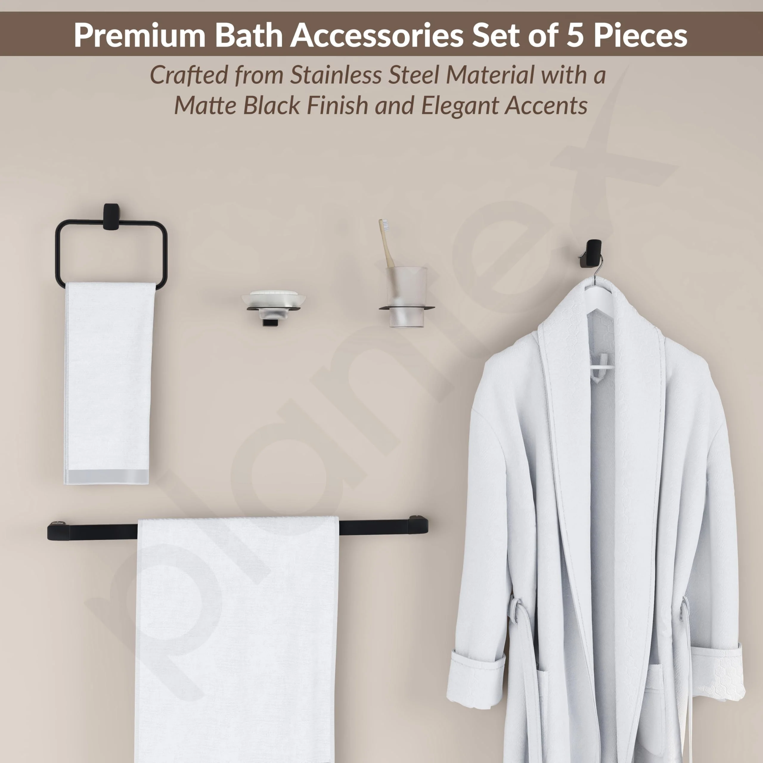 Plantex Stainless Steel Bathroom Set/Glass Soap Holder and Tumbler Holder/Towel Rod/Napkin Holder/Robe Hook for Bathroom/Bathroom Accessories - Set of 5 (Black) - Image 2