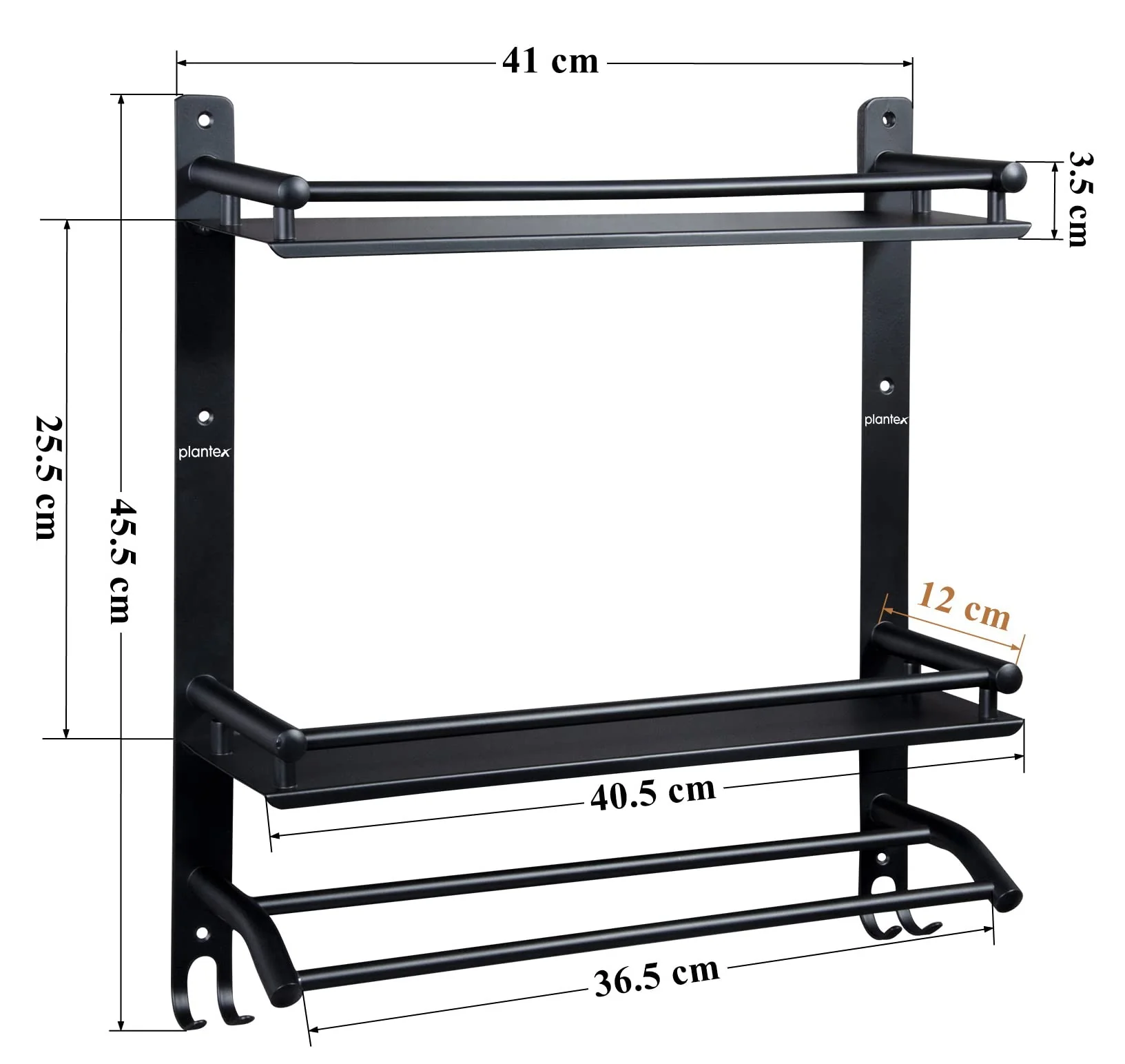 Plantex Stainless Steel Bathroom Shelf/Bathroom Organiser with Drill/Wall Mounted Rack with Hooks and Towel Hanger/Bathroom Accessories Set (3-Tier, Matt Black) - Image 3