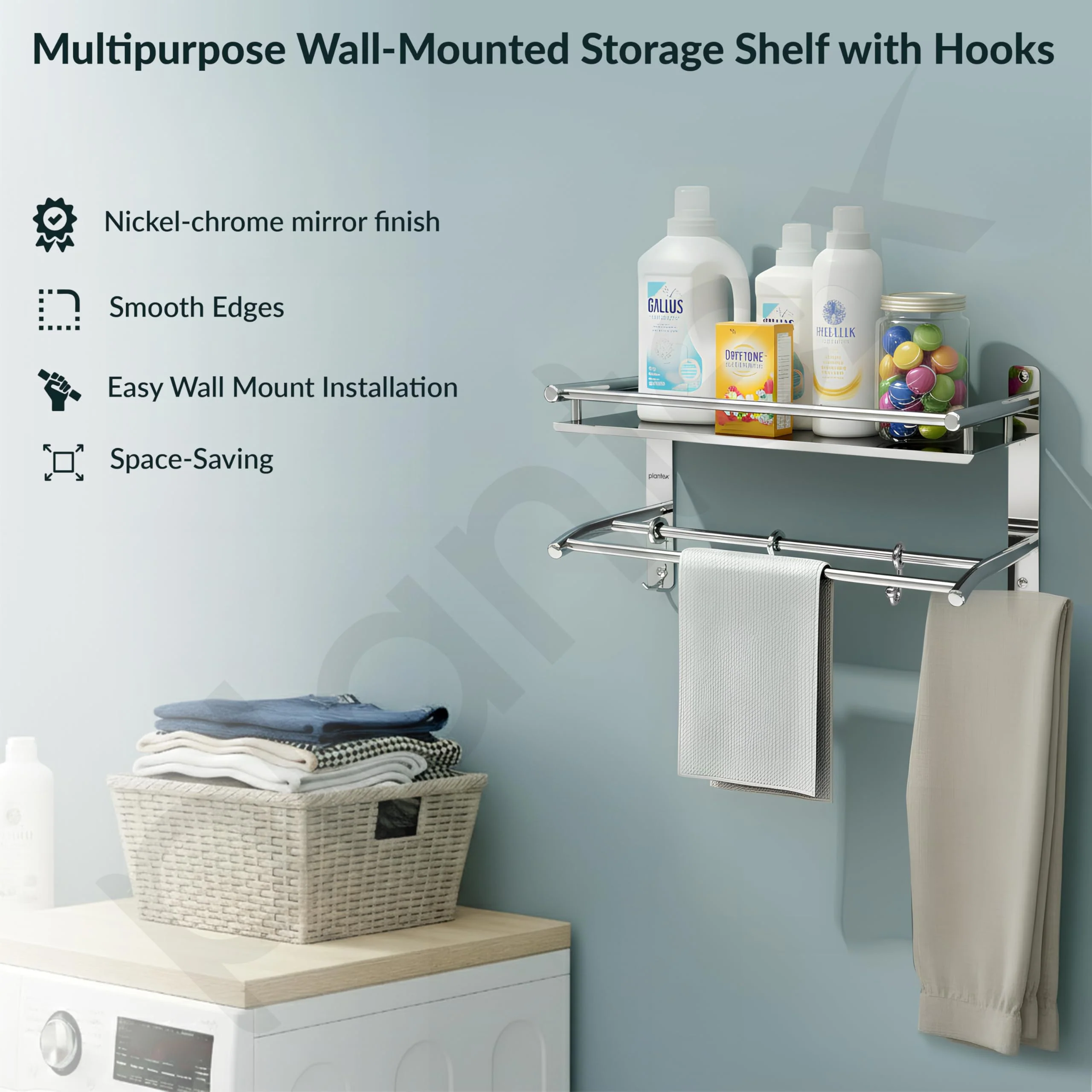 Plantex Stainless Steel Bathroom Shelf/Bathroom Stand for Wall/Bathroom Racks and Shelves with Hooks & Towel Holder/Bathroom Organiser with Drill (2-Tier, Chrome, Polished) - Image 2