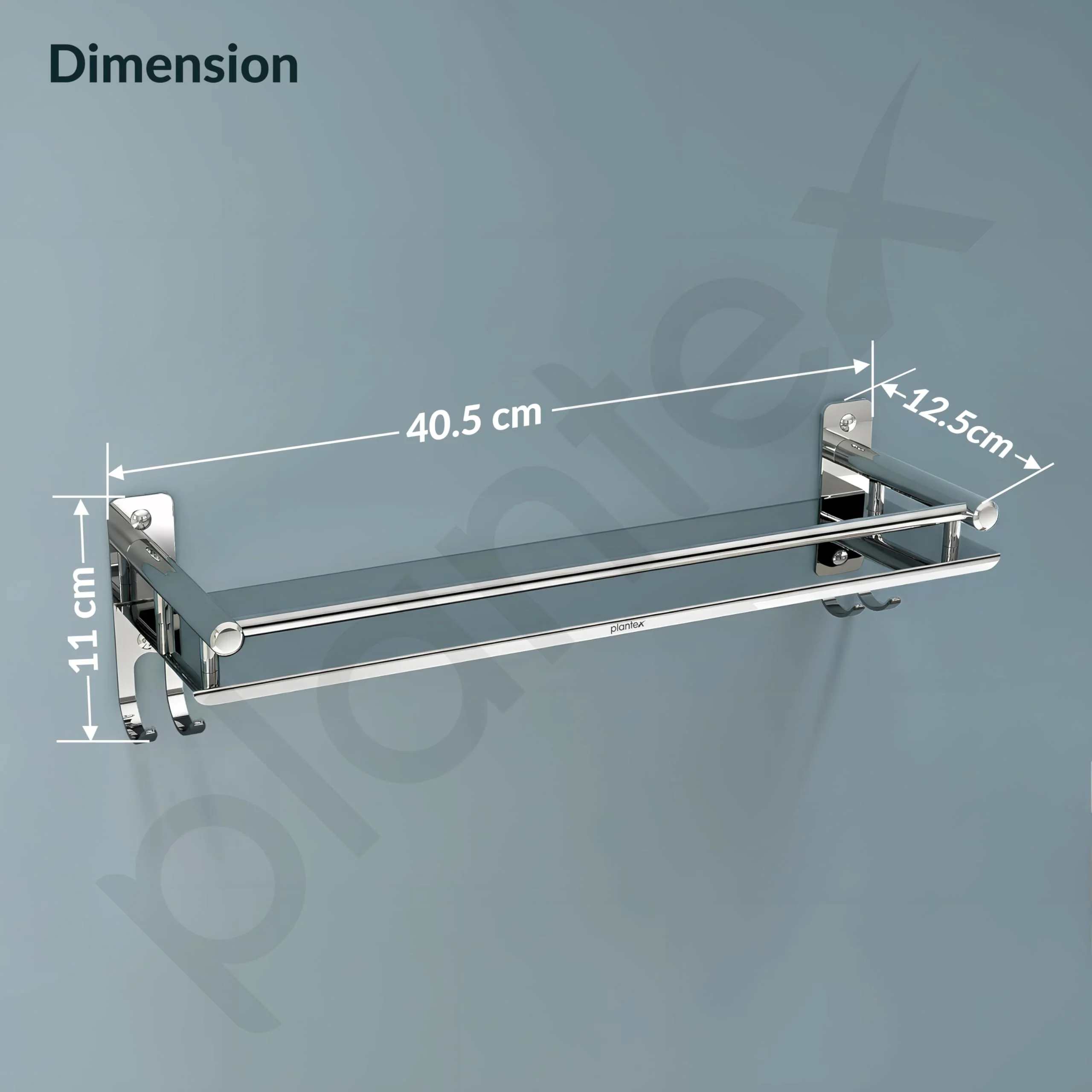 Plantex Stainless Steel Bathroom Shelf for Wall/Wall Mount Shelves & Racks for Bathroom Organizer with Hooks and Railings/Stand for Bathroom/Kitchen/Living Room(16x5 inch, Chrome) - Image 4