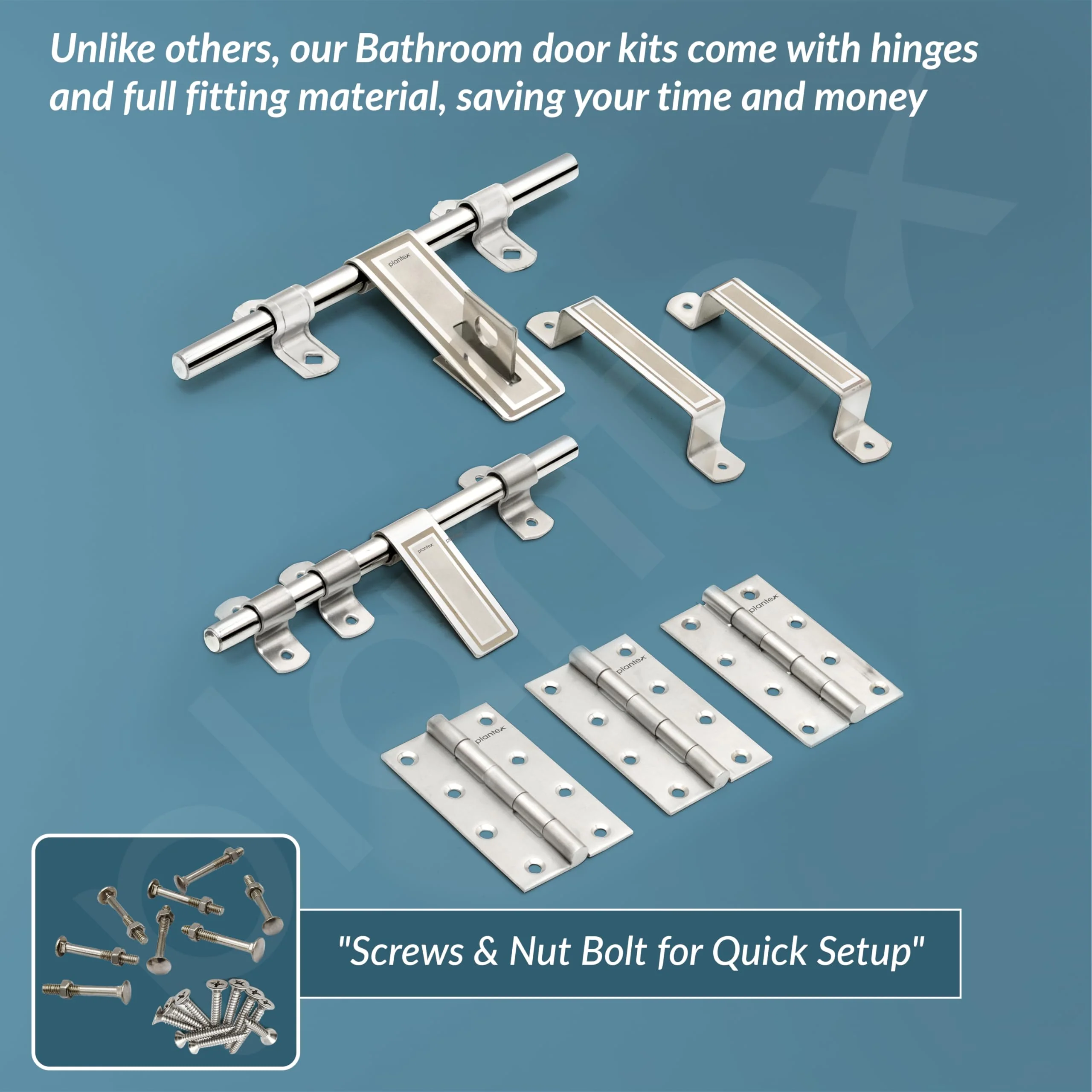 Plantex Stainless Steel Door Kit for Bathroom Door/Door Hardware/Doors Accessories/10 inch Al-Drop/8 inch Latch/8 inch 2 Handles/3 Piece Hinges - Pack of 1 (APS-1320, Chrome) - Image 6