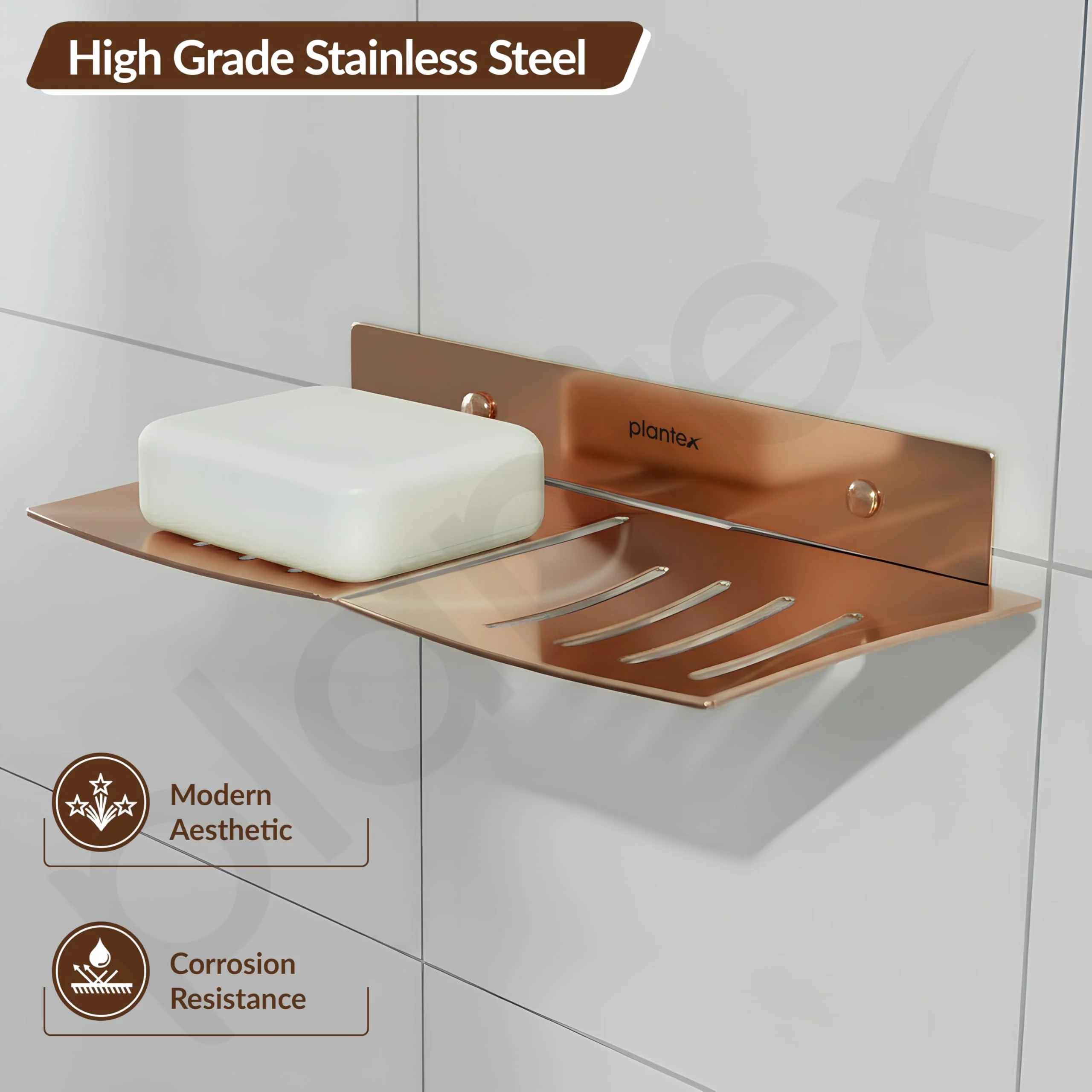Plantex Stainless Steel Double Soap Dish/Stand/Holder/Tray for Bathroom and Kitchen/Bathroom Accessories - Wall Mount (Rose Gold) - Image 3