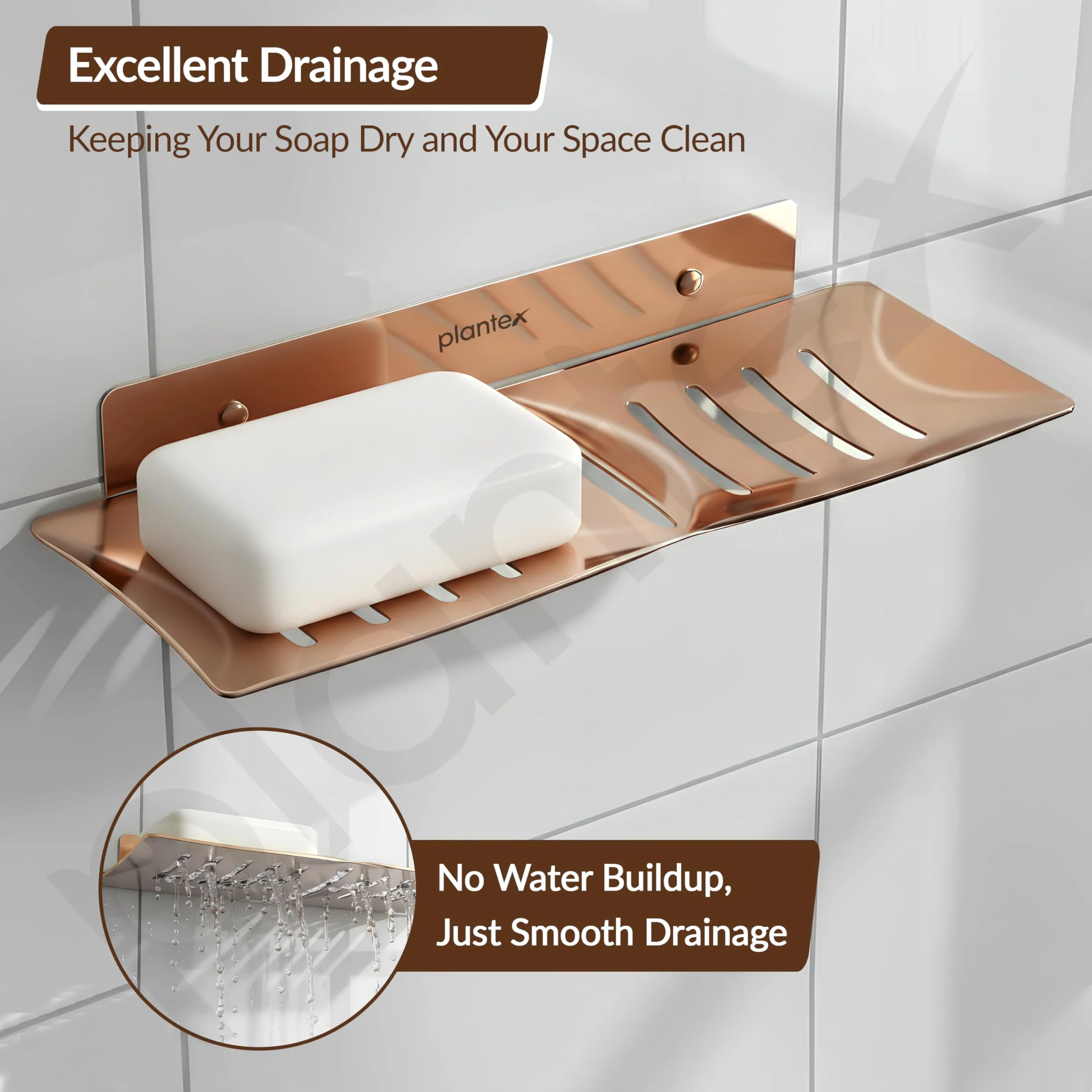 Plantex Stainless Steel Double Soap Dish/Stand/Holder/Tray for Bathroom and Kitchen/Bathroom Accessories - Wall Mount (Rose Gold) - Image 5