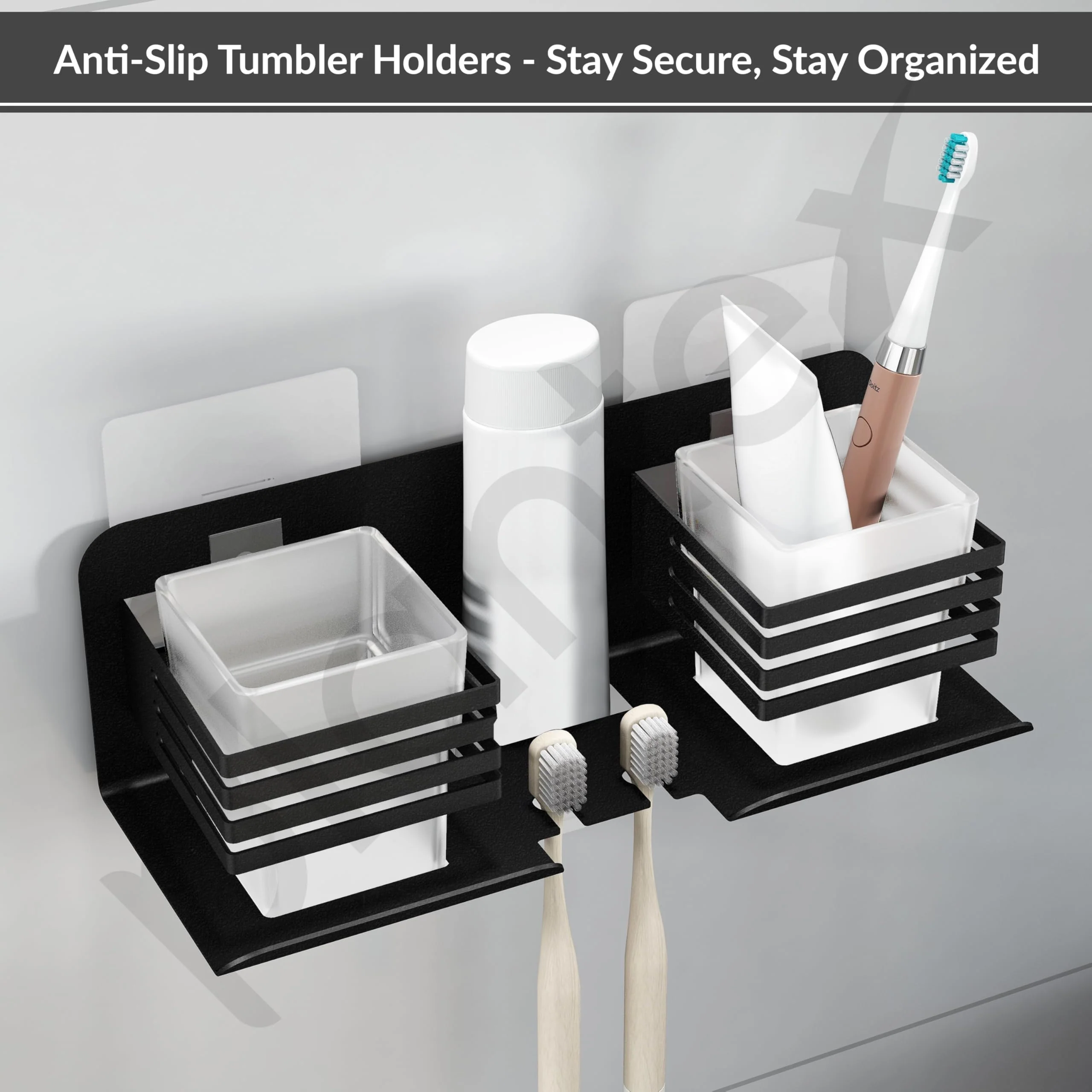 Plantex Stainless Steel Double Tumbler Holder/Toothbrush Stand for Bathroom/Toothpaste Holder/Bathroom Accessories - Pack of 1 (Black) - Image 6