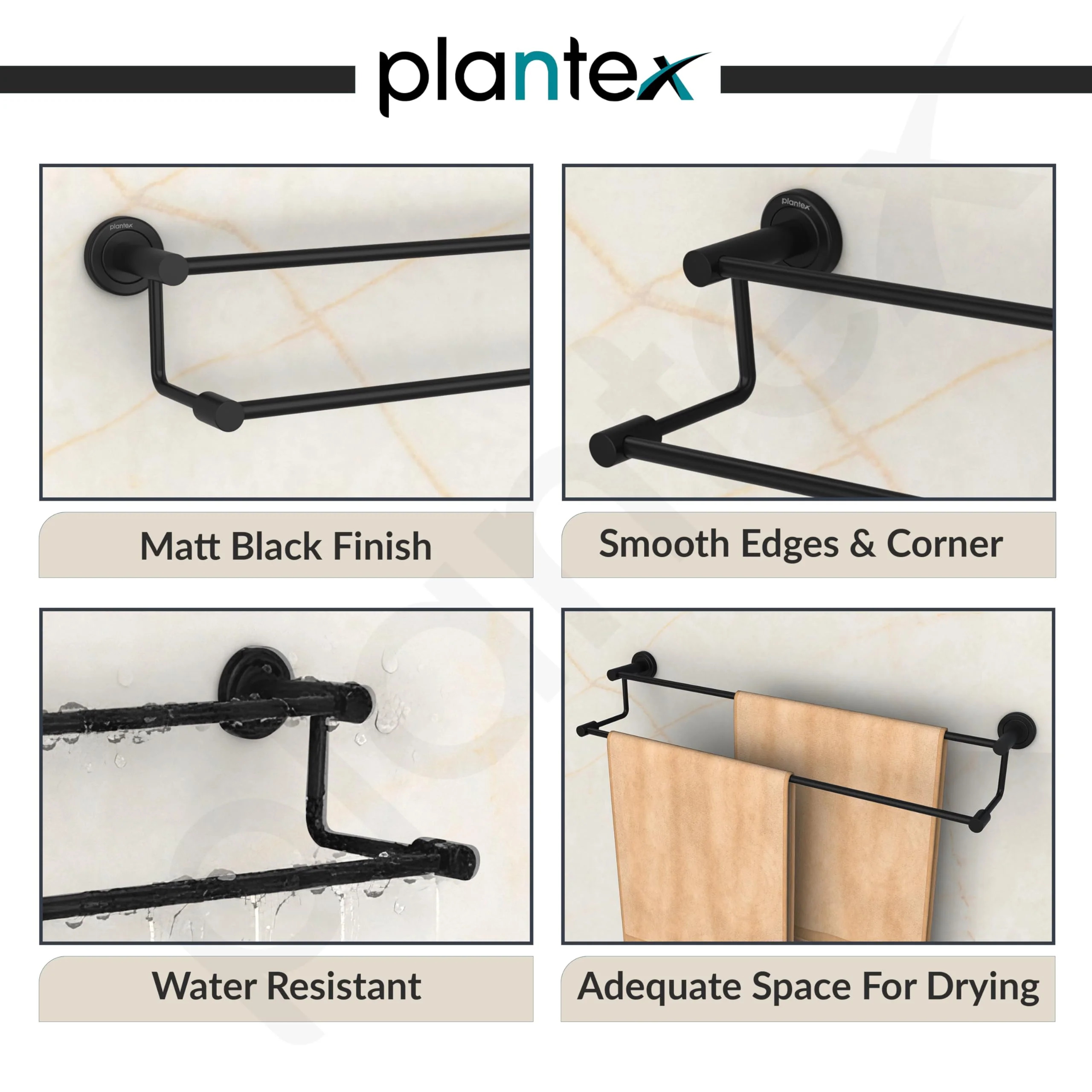 Plantex Stainless Steel Dual Towel Rod/Towel Rack for Bathroom/Towel Bar/Hanger/Stand/Bathroom Accessories (24 Inch - Black) - Image 2