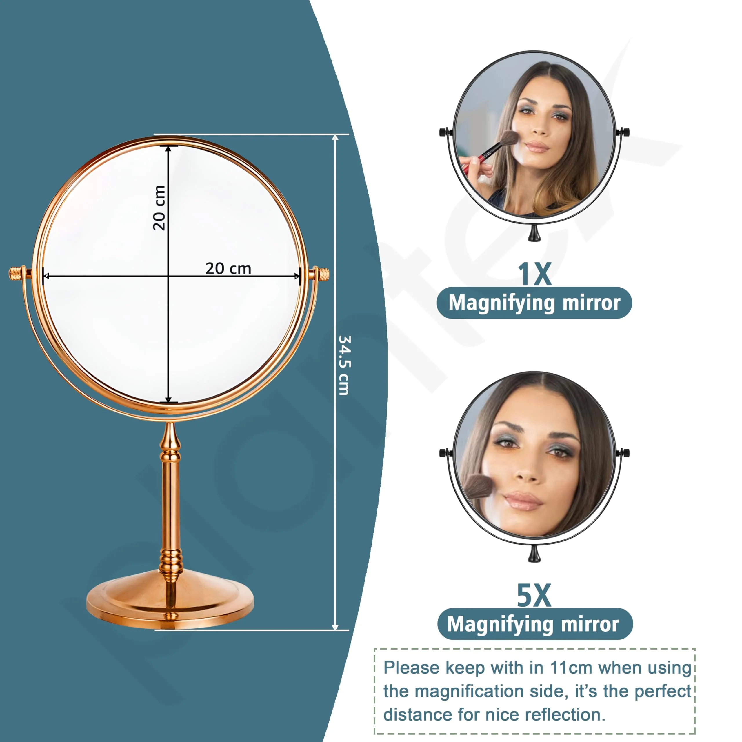 Plantex Stainless Steel Magnifying Tabletop Round Mirror/Shaving Mirror For Bathroom/Zoom Mirror For Bathroom/Makeup Mirror With Stand/Shaving Mirror Magnifying/Dual-Side 360 Swivel Mirror- Rose Gold - Image 3