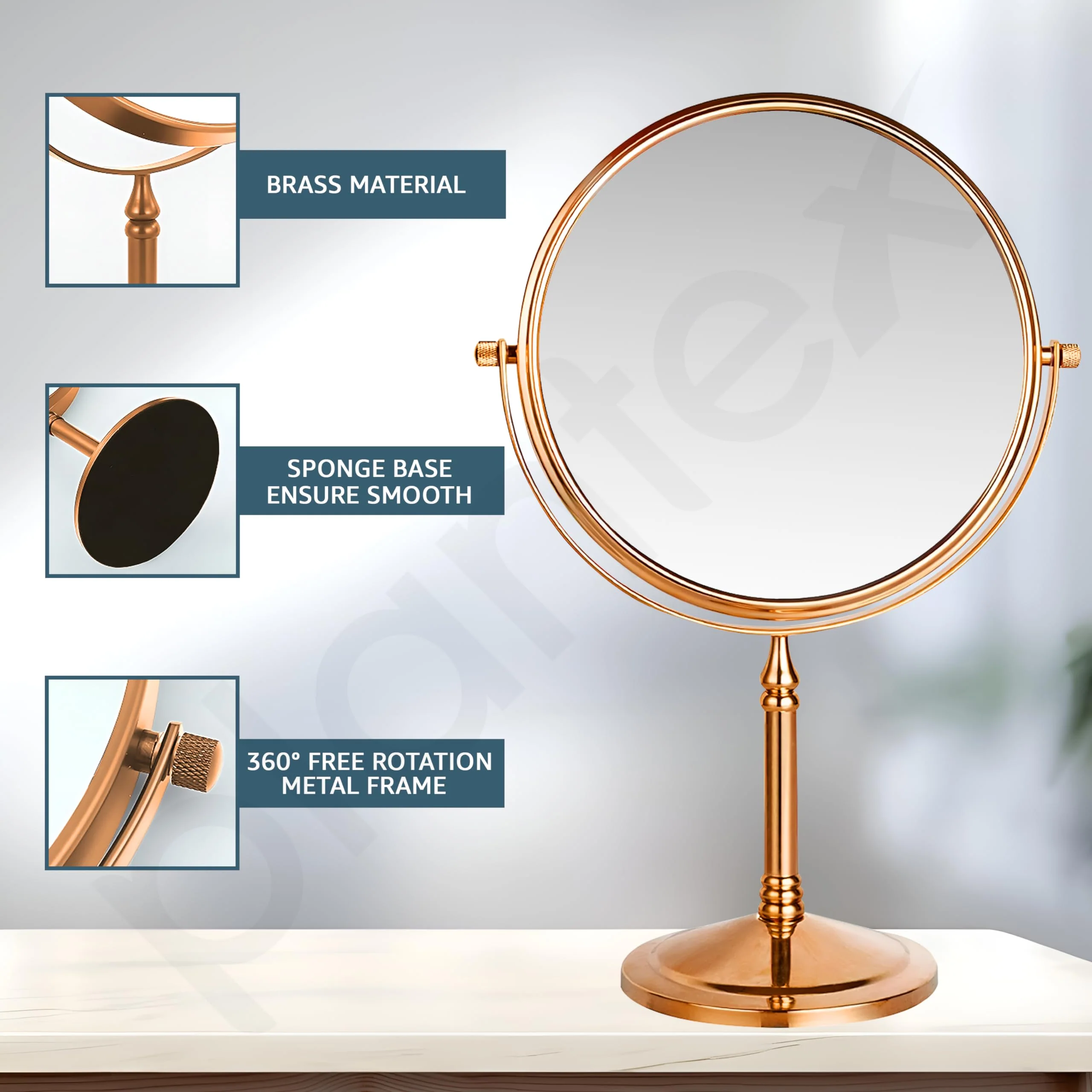 Plantex Stainless Steel Magnifying Tabletop Round Mirror/Shaving Mirror For Bathroom/Zoom Mirror For Bathroom/Makeup Mirror With Stand/Shaving Mirror Magnifying/Dual-Side 360 Swivel Mirror- Rose Gold - Image 4