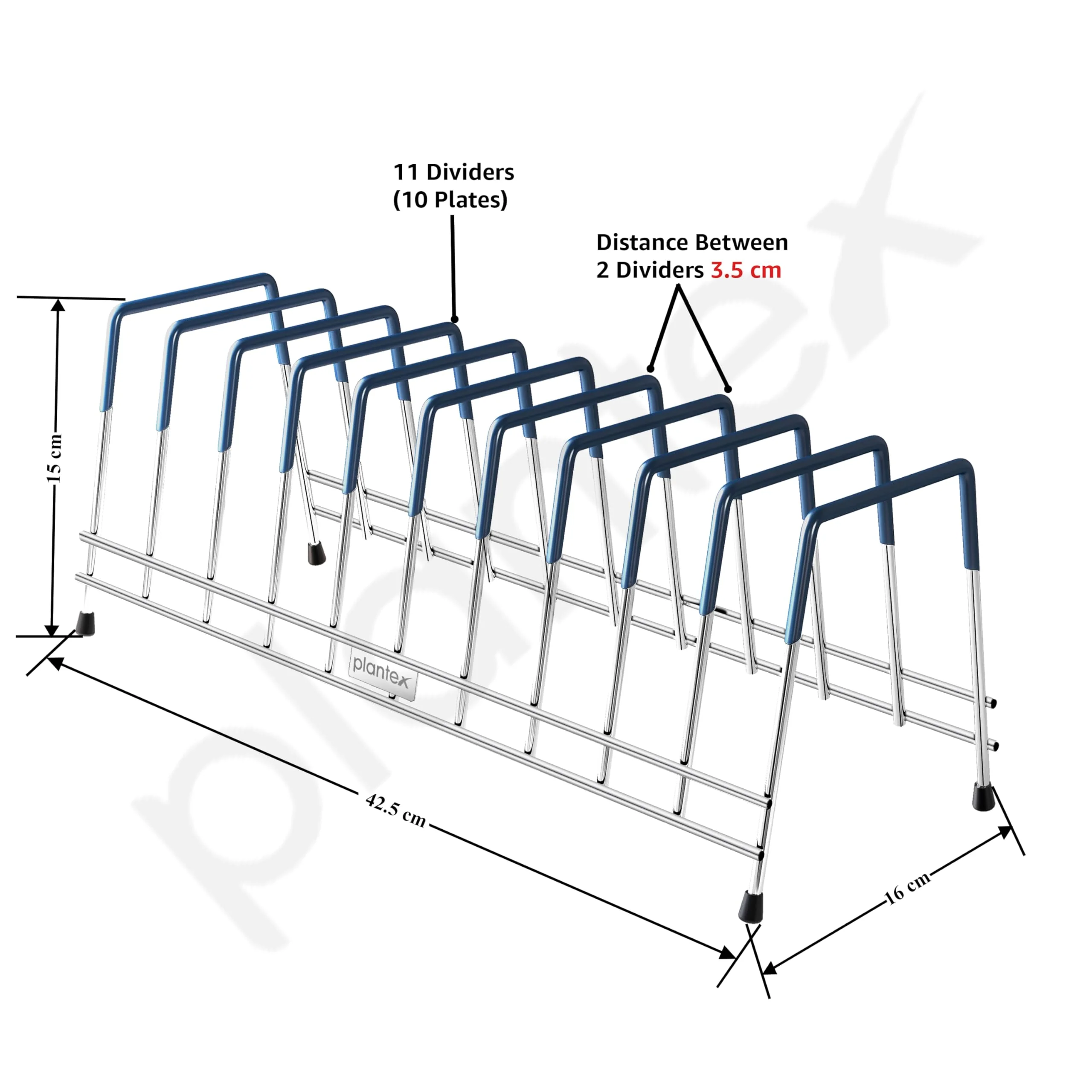 Plantex Stainless Steel Plate Organizer for kitchen/10 Slot Plate Stand for Kitchen Cabinet/Rubber-Gripped Dish Stand for Cabinet(Size-6inches, Slot- 10, Pack of 1) - Image 2