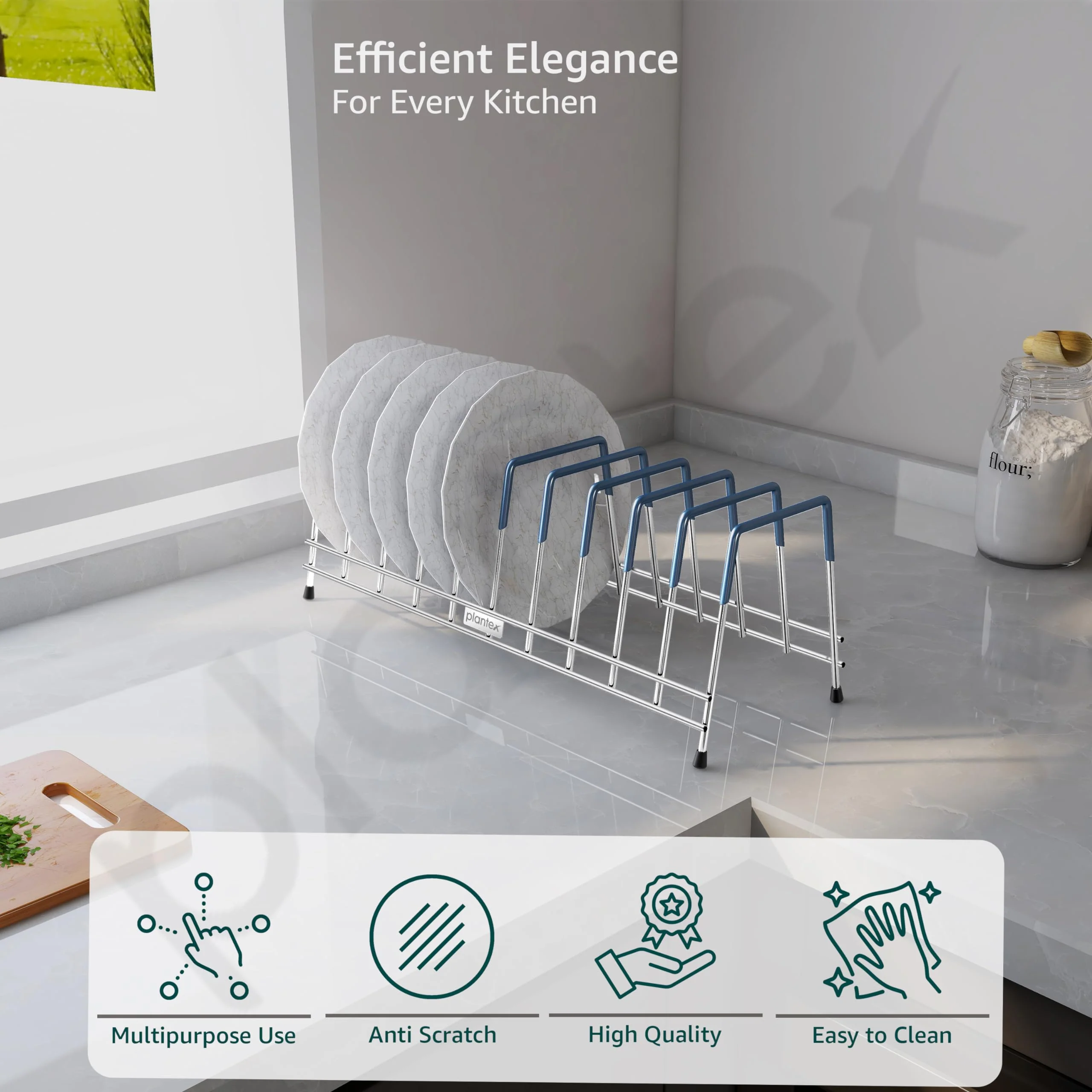 Plantex Stainless Steel Plate Organizer for kitchen/10 Slot Plate Stand for Kitchen Cabinet/Rubber-Gripped Dish Stand for Cabinet(Size-6inches, Slot- 10, Pack of 1) - Image 3