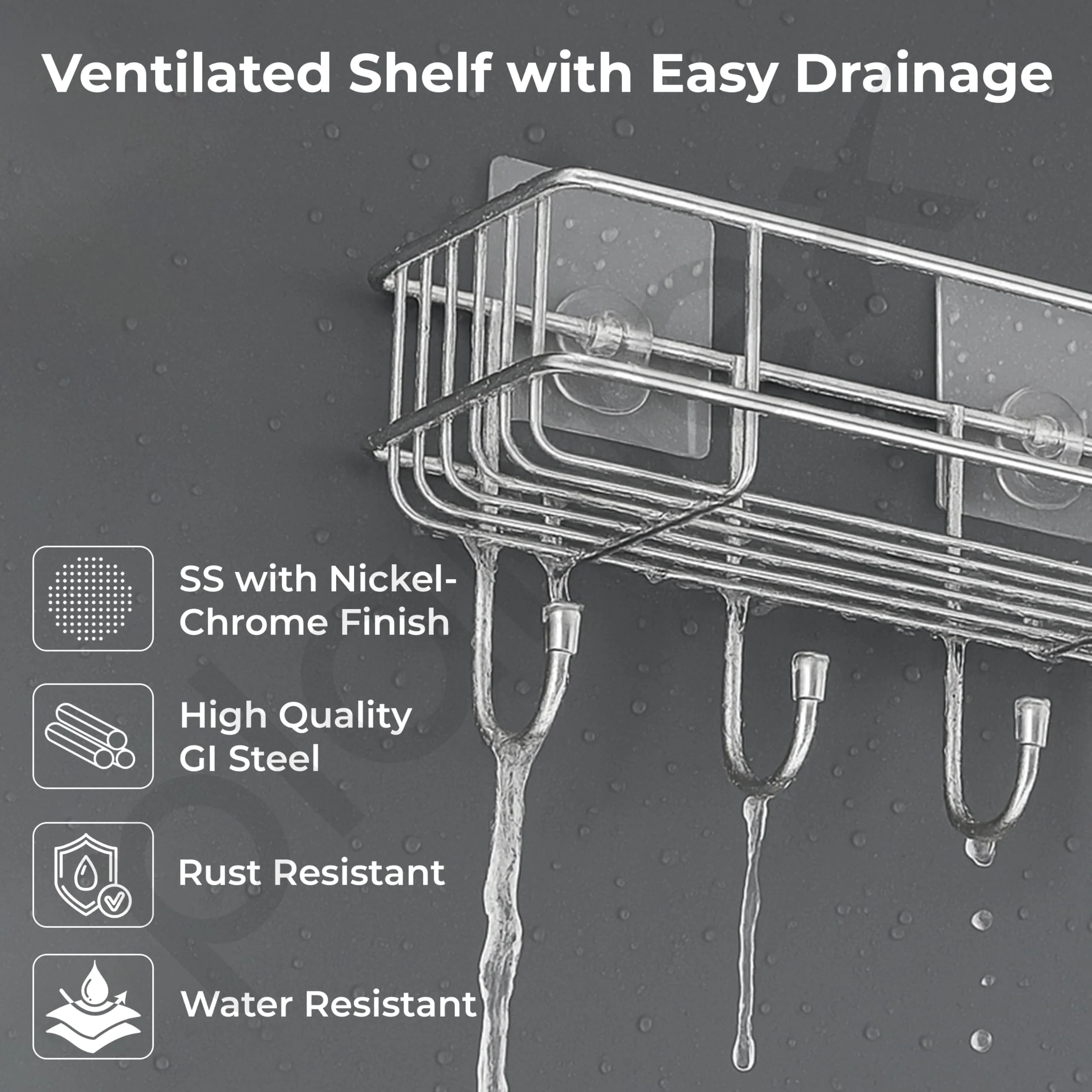Plantex Stainless Steel Self Adhesive Bathroom Shelf/No Drill Bathroom Organizer with Hooks/Washroom Shelf- Pack of 1(Chrome) - Image 2