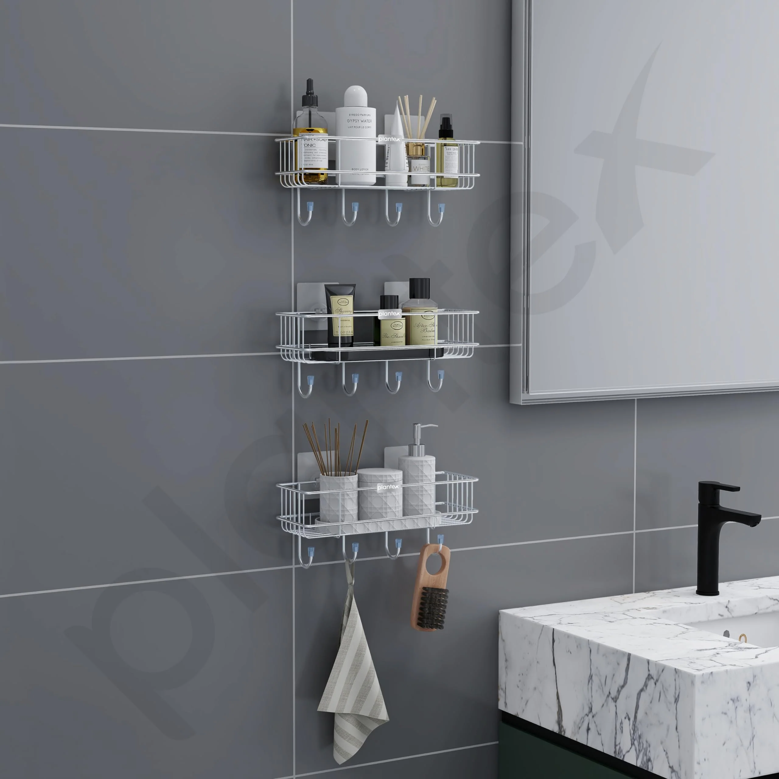 Plantex Stainless Steel Self Adhesive Shelf/Multipurpose Bathroom Shelf with Hooks/Towel Holder/Rack/Bathroom Accessories Set/Bathroom Organiser Without Drill - Pack of 3 (Chrome) - Image 2