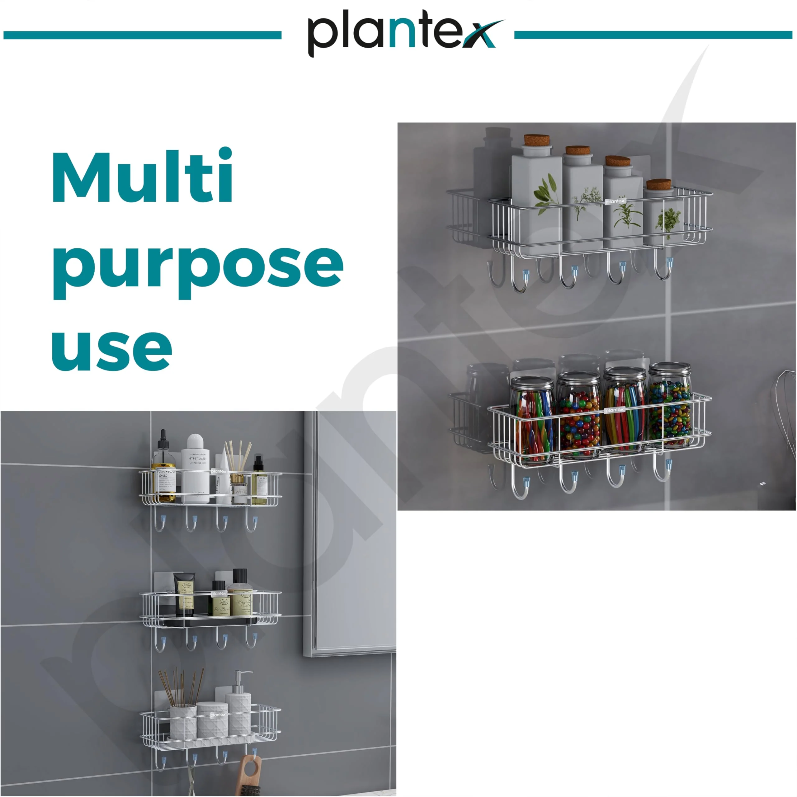 Plantex Stainless Steel Self Adhesive Shelf/Multipurpose Bathroom Shelf with Hooks/Towel Holder/Rack/Bathroom Accessories Set/Bathroom Organiser Without Drill - Pack of 3 (Chrome) - Image 5