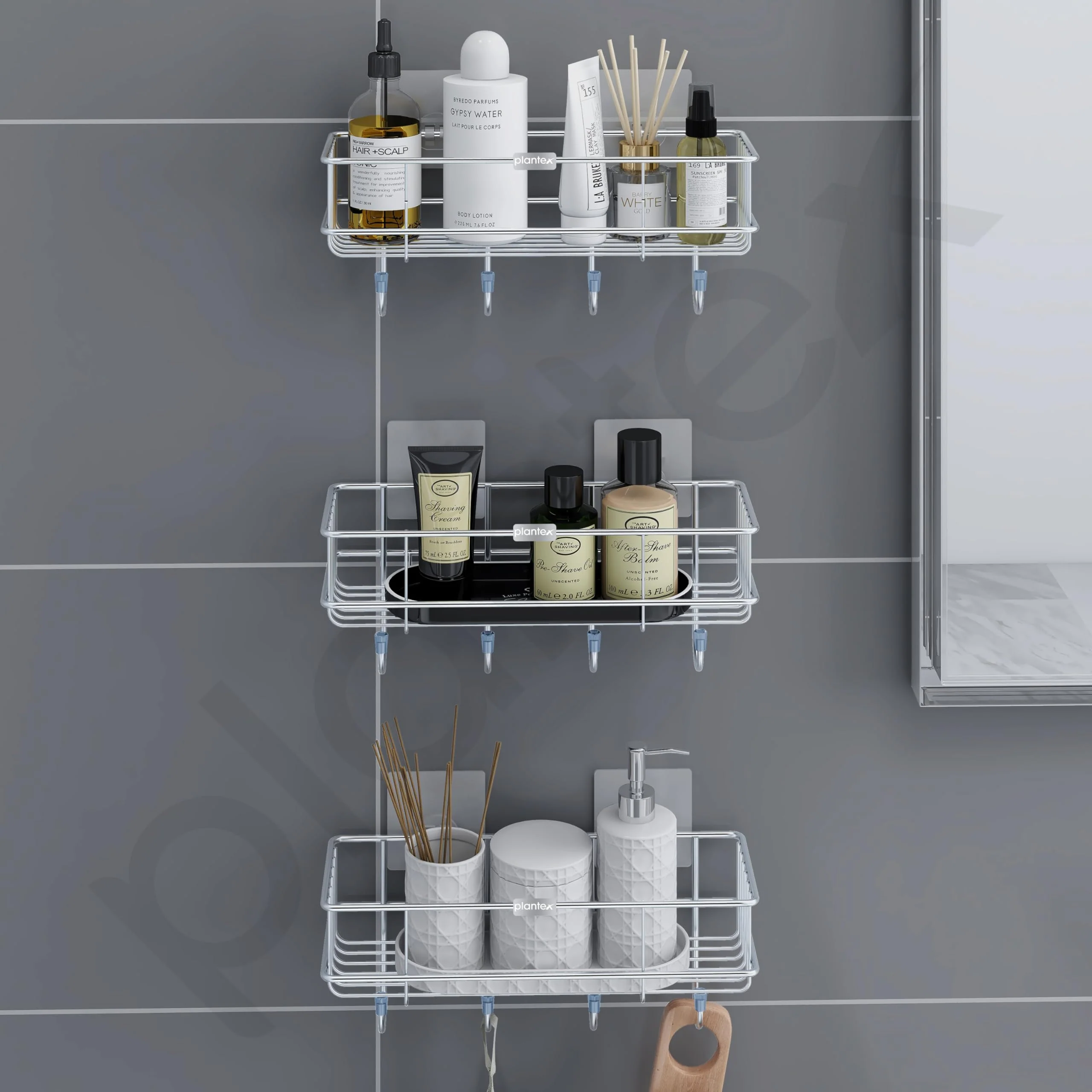 Plantex Stainless Steel Self Adhesive Shelf/Multipurpose Bathroom Shelf with Hooks/Towel Holder/Rack/Bathroom Accessories Set/Bathroom Organiser Without Drill - Pack of 3 (Chrome) - Image 6