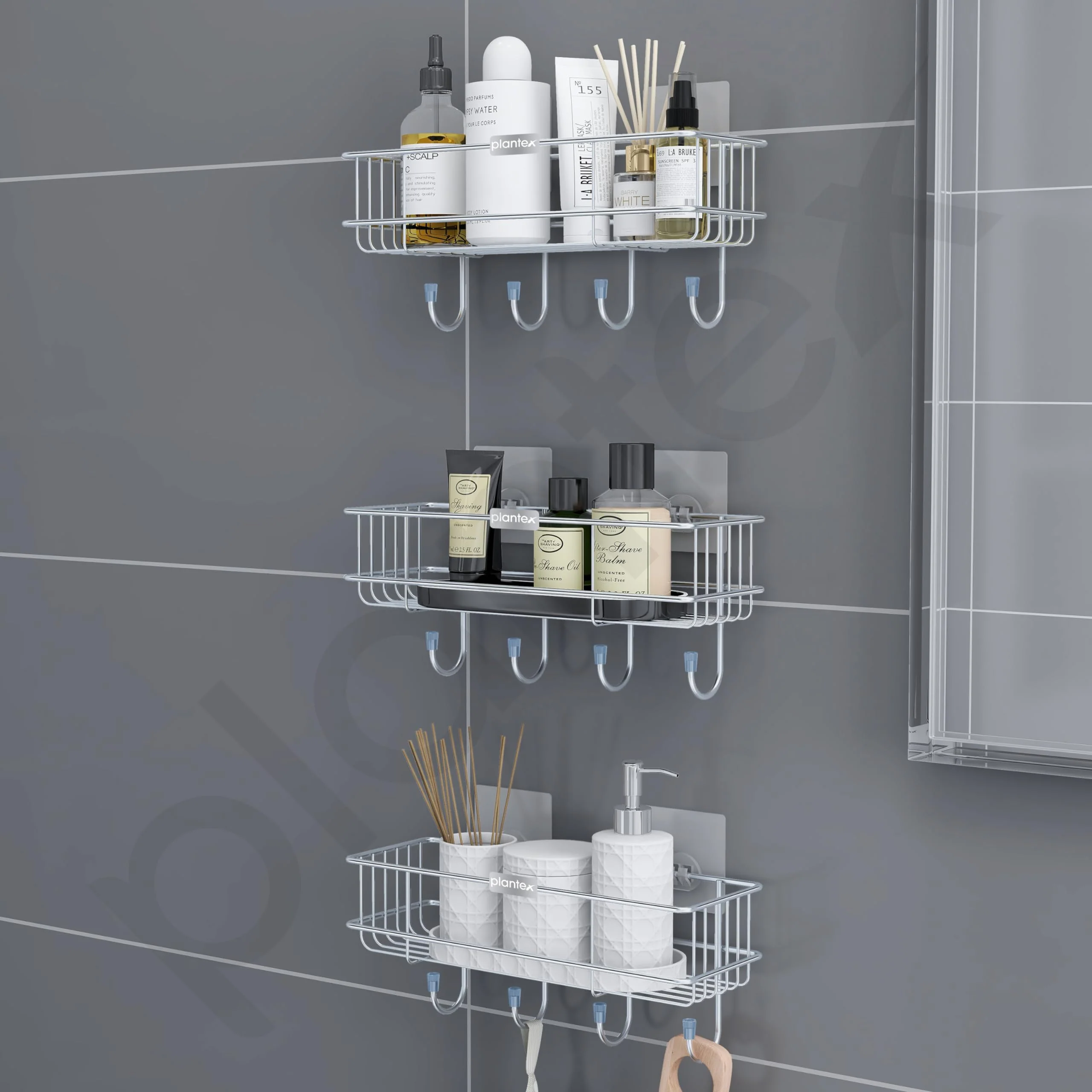 Plantex Stainless Steel Self Adhesive Shelf/Multipurpose Bathroom Shelf with Hooks/Towel Holder/Rack/Bathroom Accessories Set/Bathroom Organiser Without Drill - Pack of 3 (Chrome) - Image 7