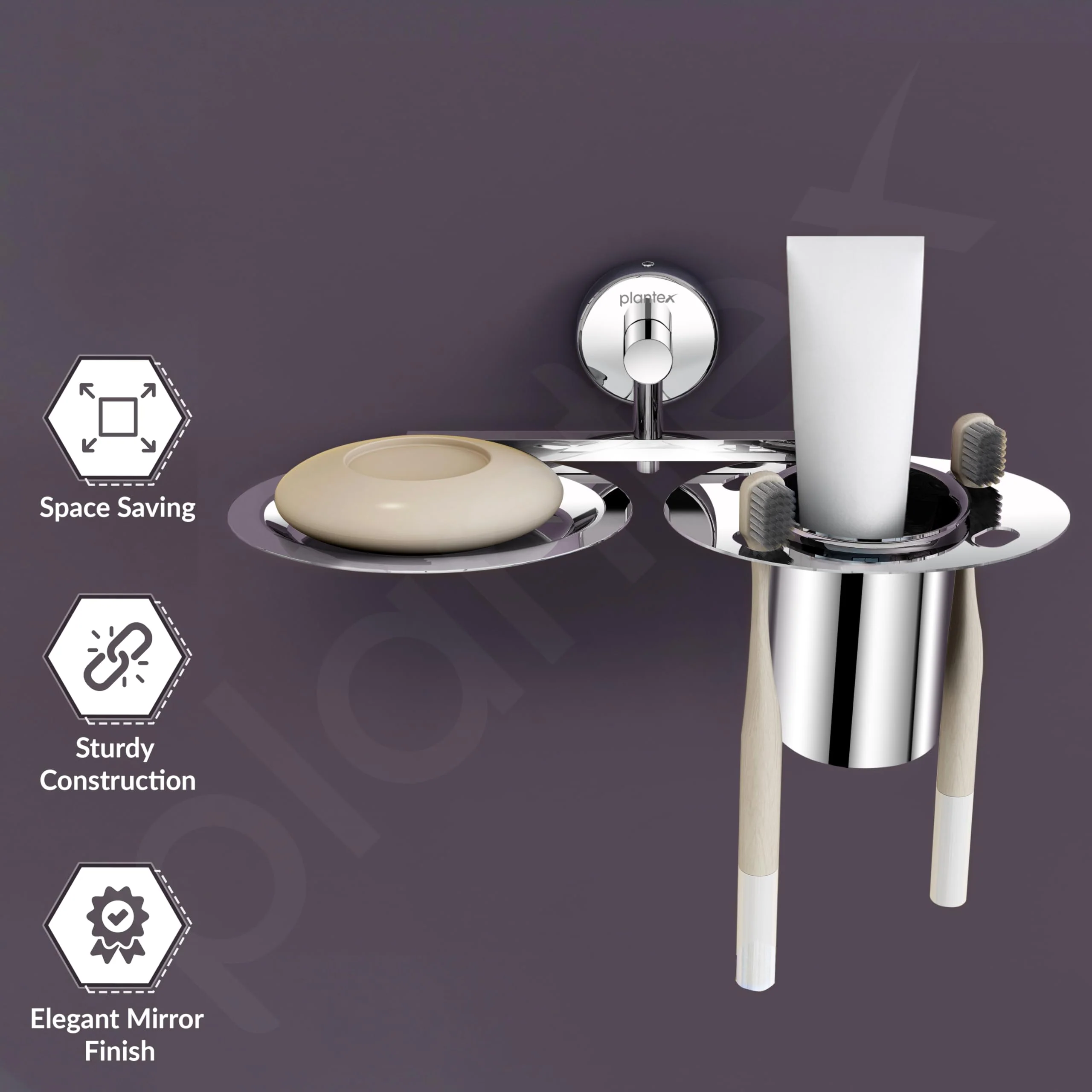 Plantex Stainless Steel Soap Dish with Tumbler Holder/Soap Dish with Toothpaste Holder/Soap Holder for Bathroom/Bathroom Accessories (Chrome) - Image 2