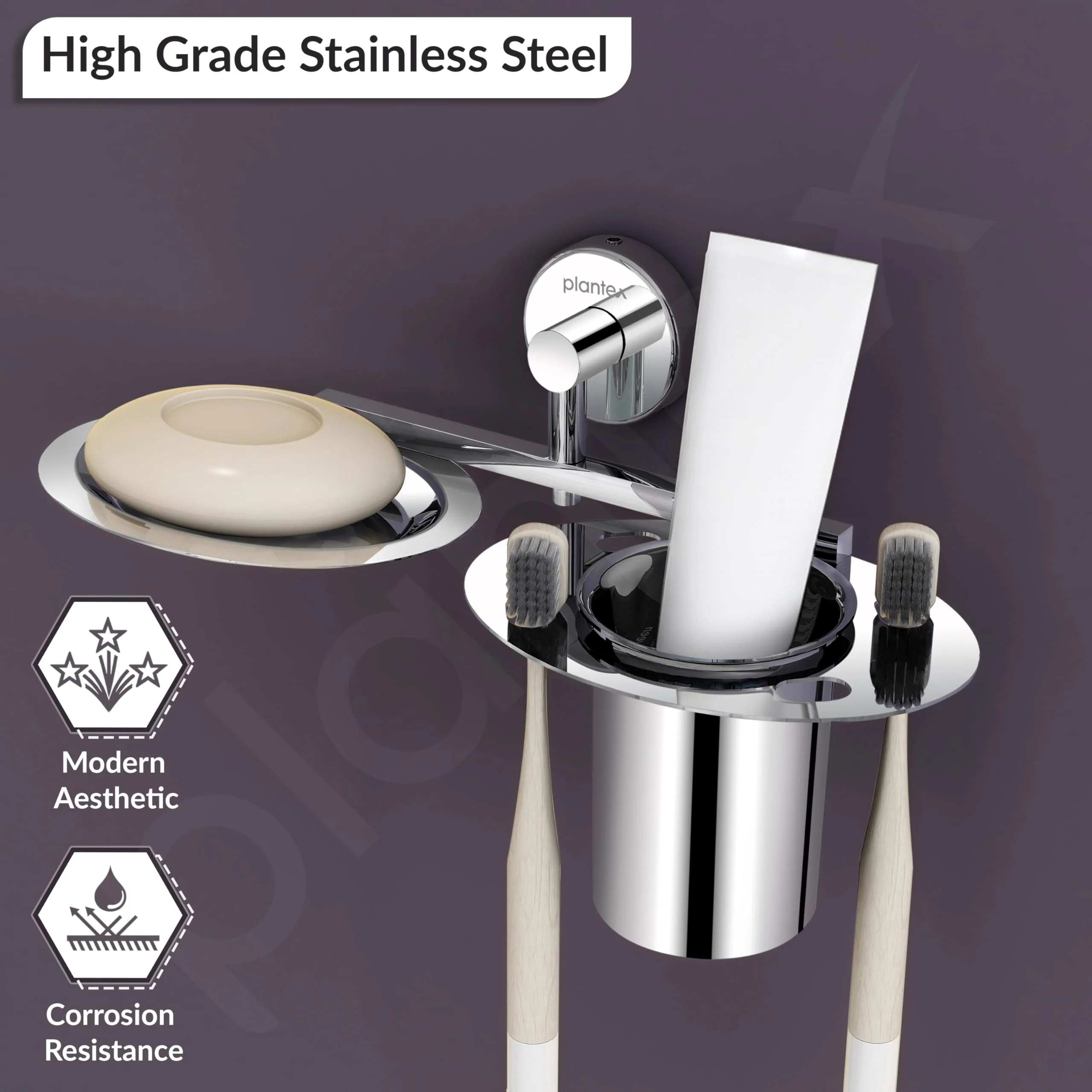 Plantex Stainless Steel Soap Dish with Tumbler Holder/Soap Dish with Toothpaste Holder/Soap Holder for Bathroom/Bathroom Accessories (Chrome) - Image 3