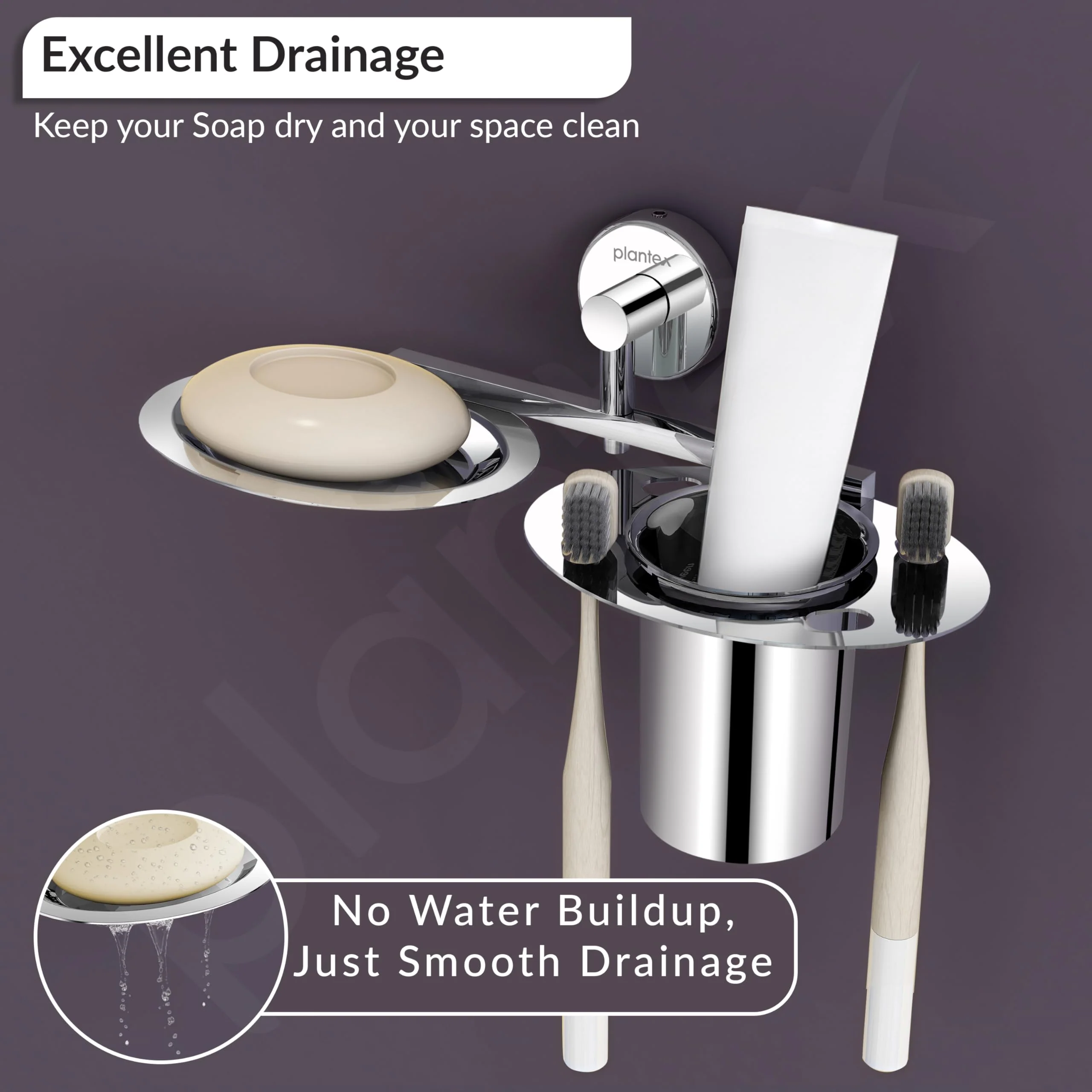 Plantex Stainless Steel Soap Dish with Tumbler Holder/Soap Dish with Toothpaste Holder/Soap Holder for Bathroom/Bathroom Accessories (Chrome) - Image 6