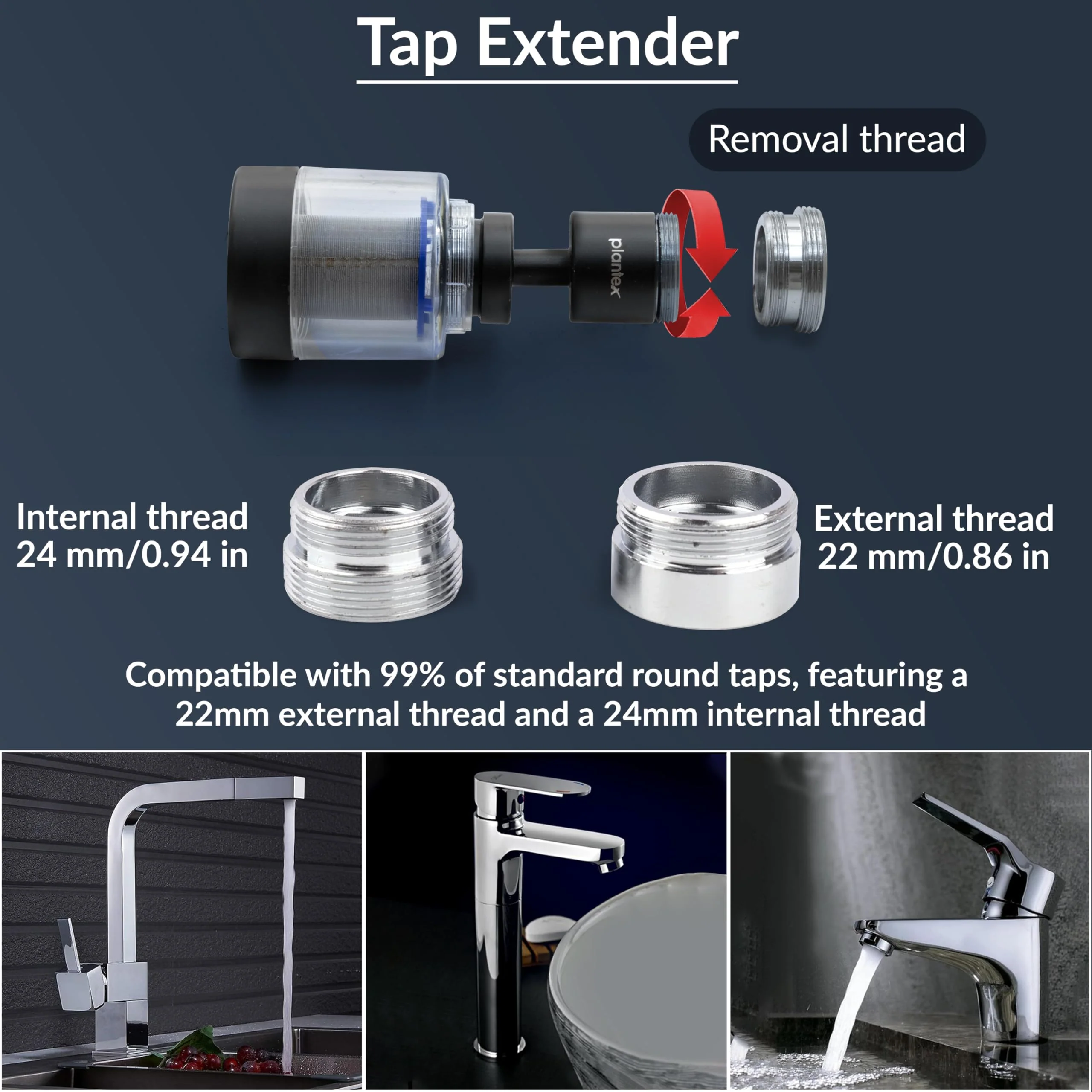 Plantex Stainless Steel Tap Extension for Kitchen Sink/360° Swivel Kitchen Sink Faucet Extender/Upto 80% Water Saving/Fits F22 and M24 mm tap (XL-3001/Black) - Image 5