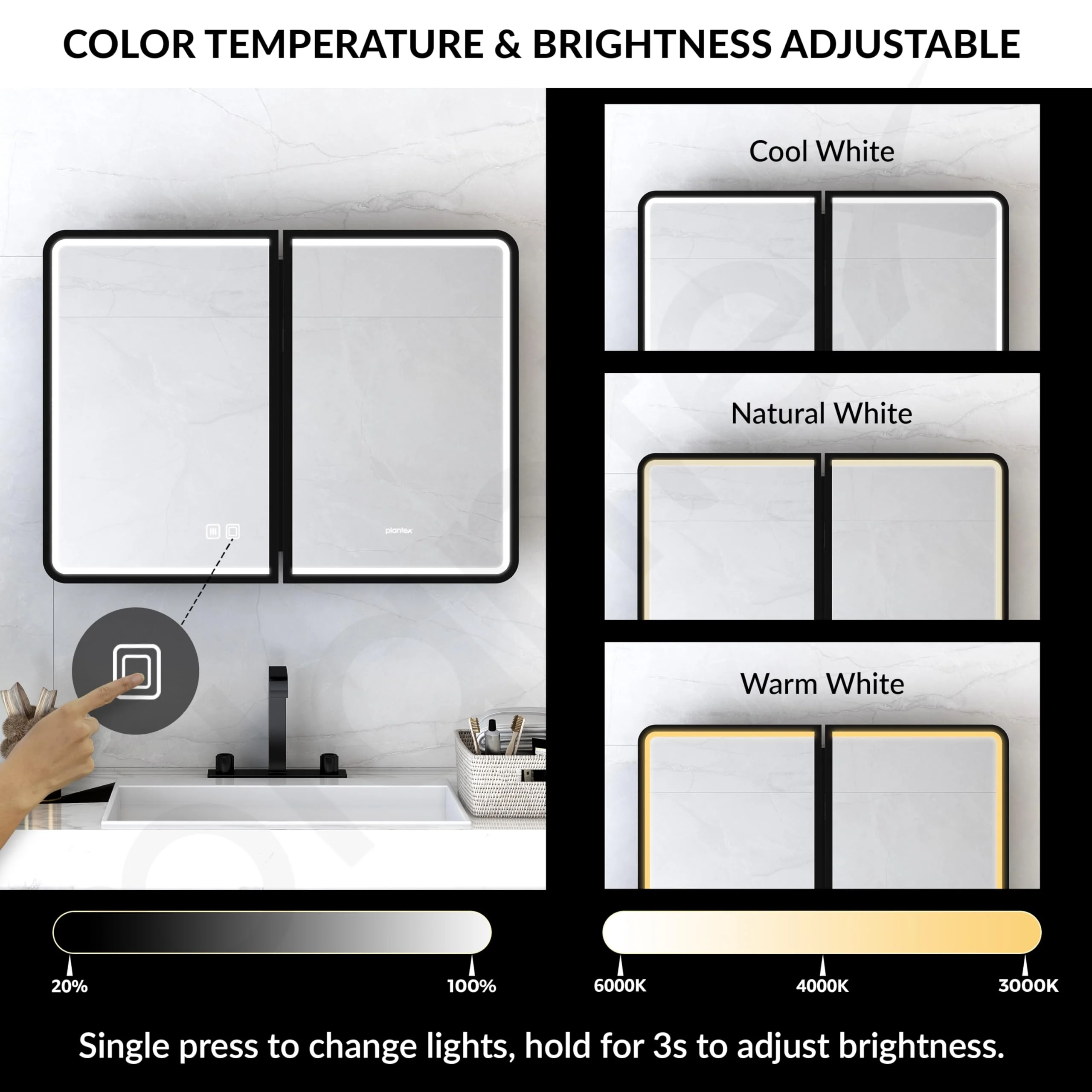 Plantex Steel Bathroom Mirror Cabinet with LED/Bathroom Organiser/Double Door Rectangle Cabinet/Shelf for Wall with Mirror (32x24 Inch-Black) - Image 2
