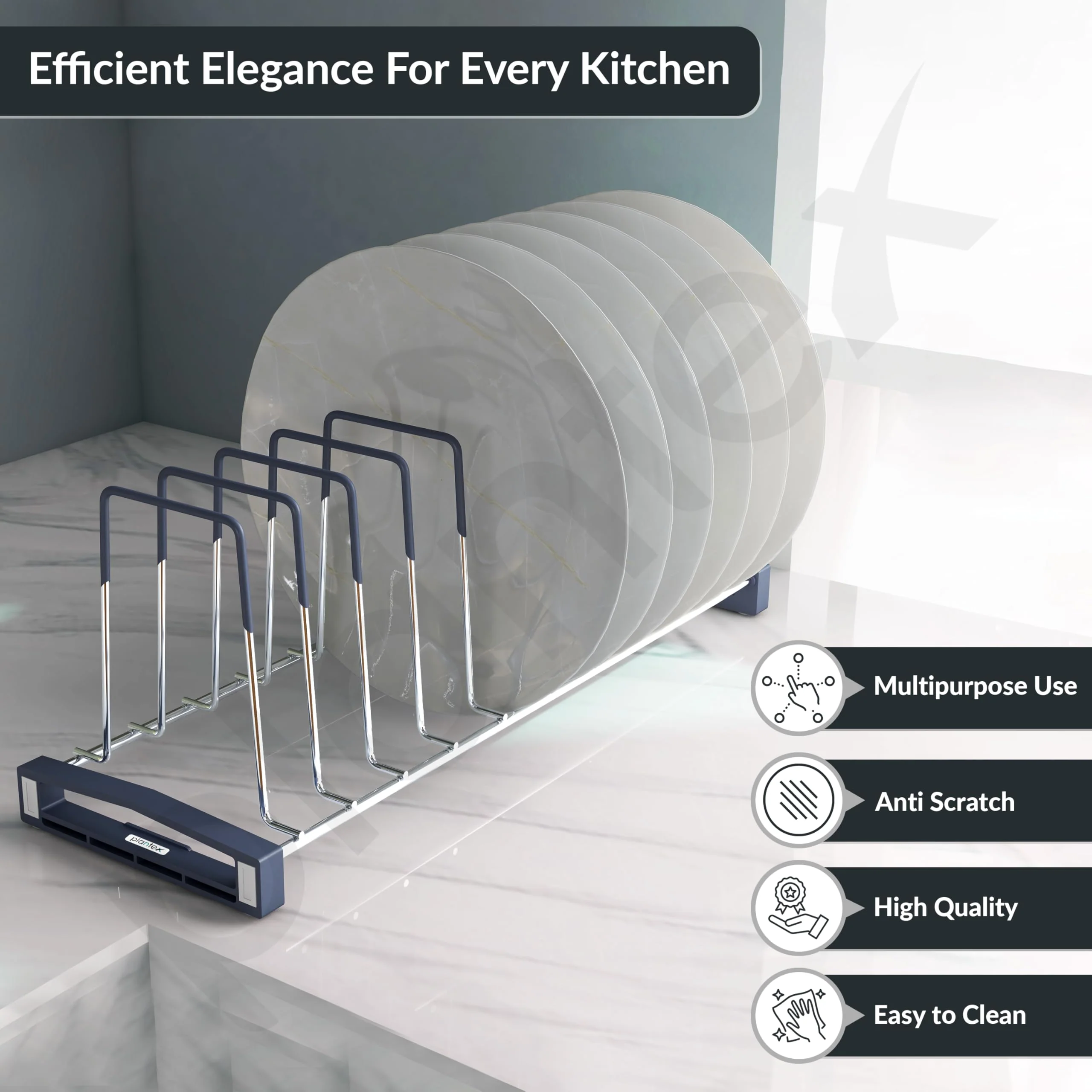 Plantex Sturdy Stainless Steel Plate Organizer for Kitchen/10 Plate Stand for Plateform/Rubber Gripped Thali Rack(Slot-10, Pack of 1, Size-10 Inches) - Image 2