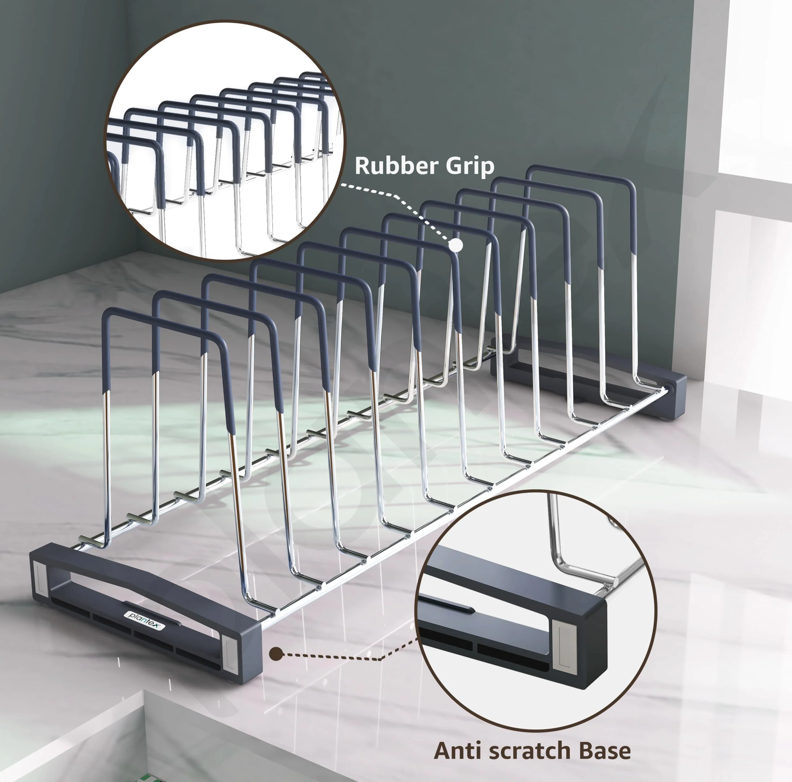 Plantex Sturdy Stainless Steel Plate Organizer for Kitchen/10 Plate Stand for Plateform/Rubber Gripped Thali Rack(Slot-10, Pack of 1, Size-10 Inches) - Image 5