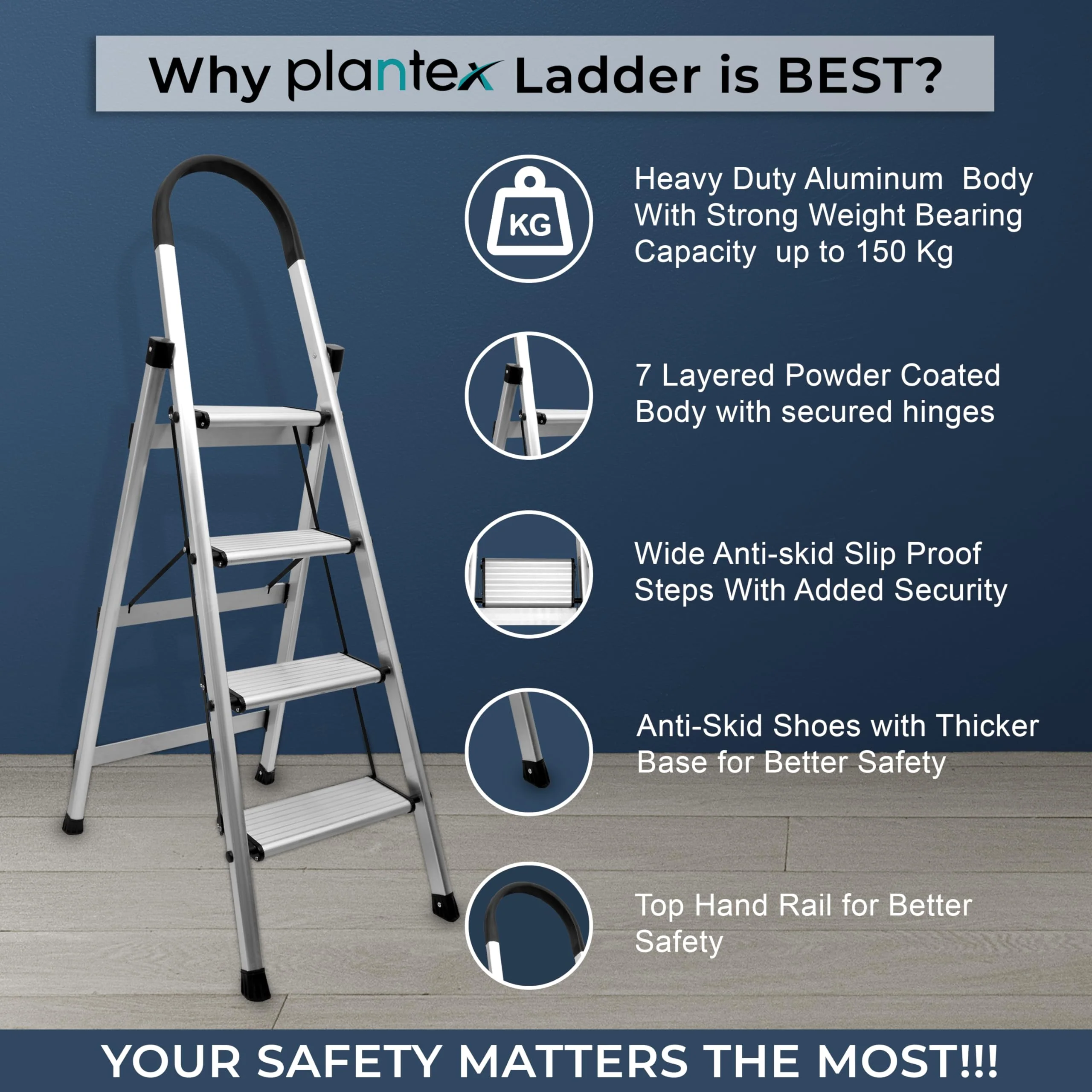 Plantex Surestep 4 Step Aluminum Ladder for Home/Non-Slip Wide-Step Foldable Ladder with Knee Guard, PVC Shoes and Cross Bars (Anodize-Silver) - Image 5