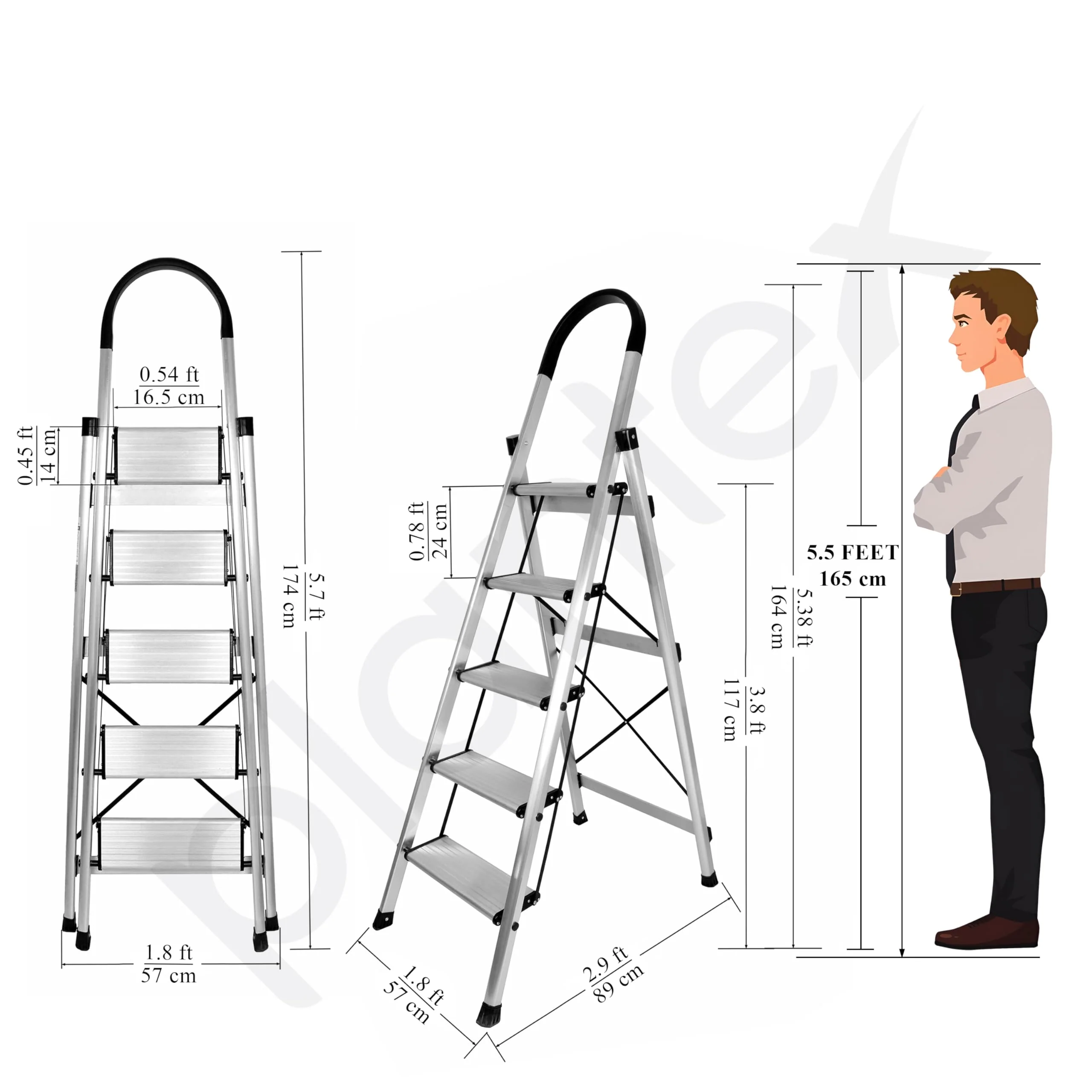 Plantex Surestep 5 Step Aluminum Ladder for Home Use/Wide Anti Skid Step Foldable Ladder with Knee Guard, PVC Shoes and Cross Bars (Anodize-Silver) - Image 4