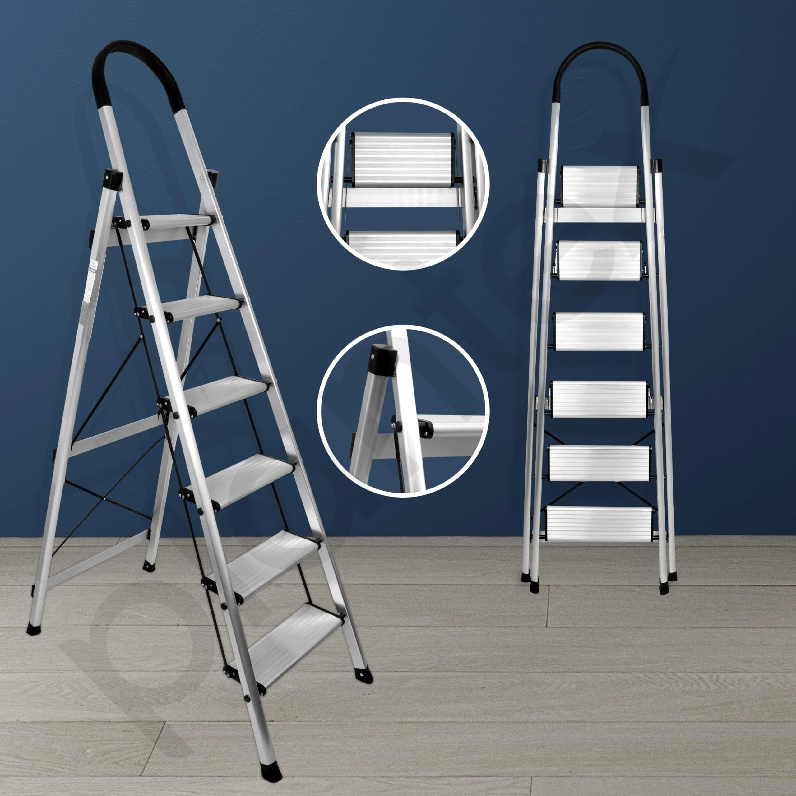 Plantex Surestep 6 Step Aluminum Ladder for Home/Non-Slip Wide Step Foldable Ladder for Home Use with Knee Guard, PVC Shoes and Cross Bars (Anodize-Silver) - Image 2