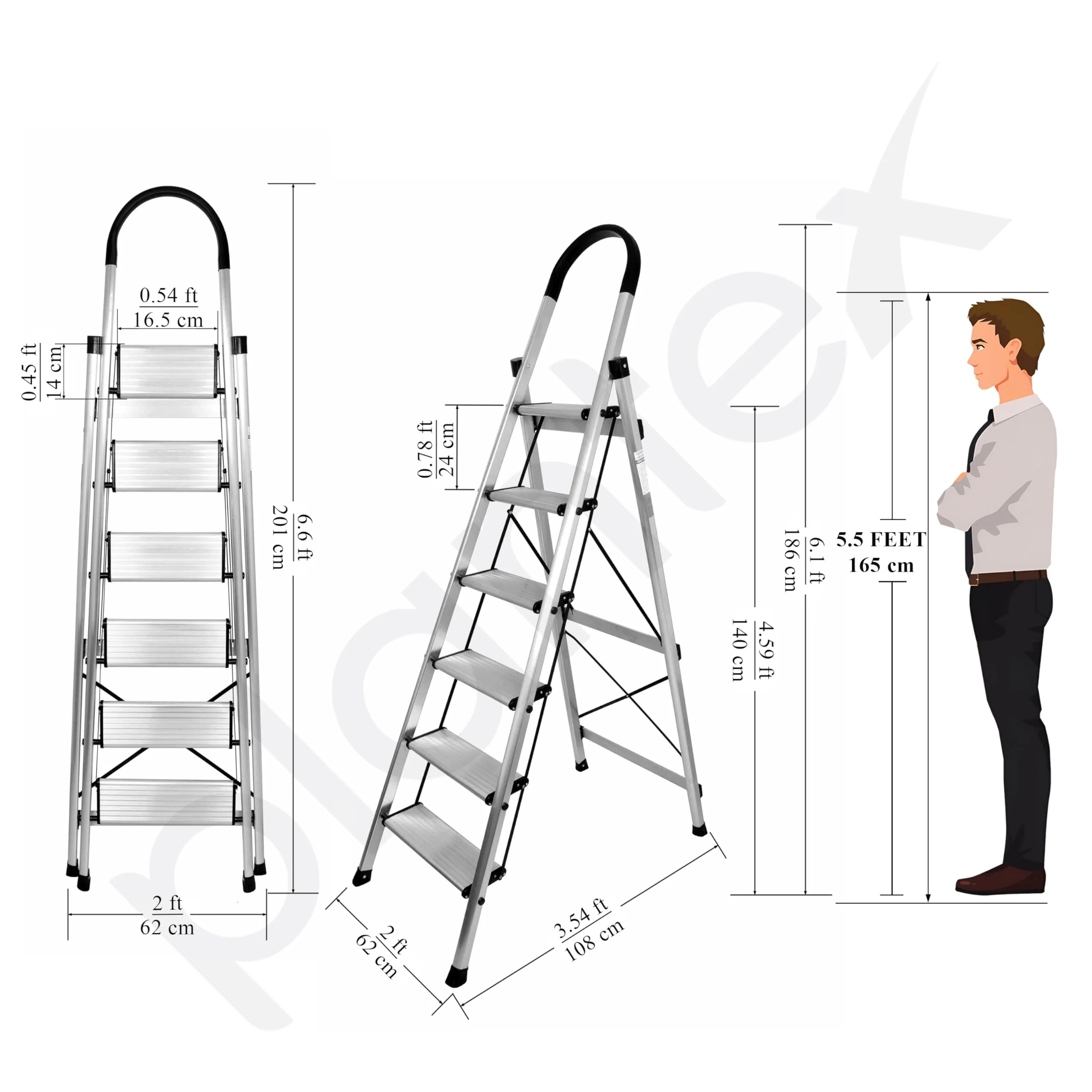 Plantex Surestep 6 Step Aluminum Ladder for Home/Non-Slip Wide Step Foldable Ladder for Home Use with Knee Guard, PVC Shoes and Cross Bars (Anodize-Silver) - Image 4