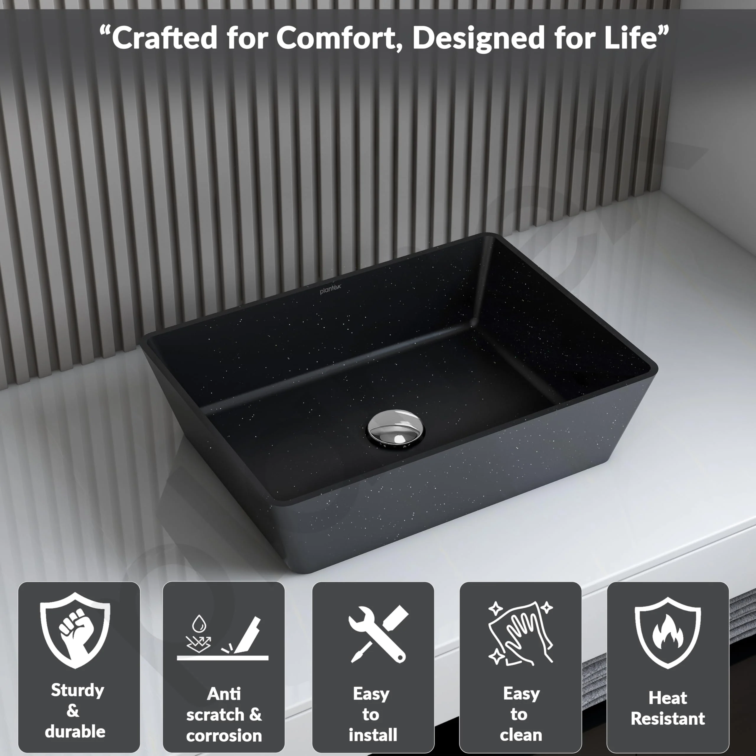 Plantex Table Top Basin for Bathroom/Quartz Rectangle Basin/Vessel Sink Basin Over Counter for Home/Restaurant (Black, 18 x 13 x 5 Inch) - Image 2