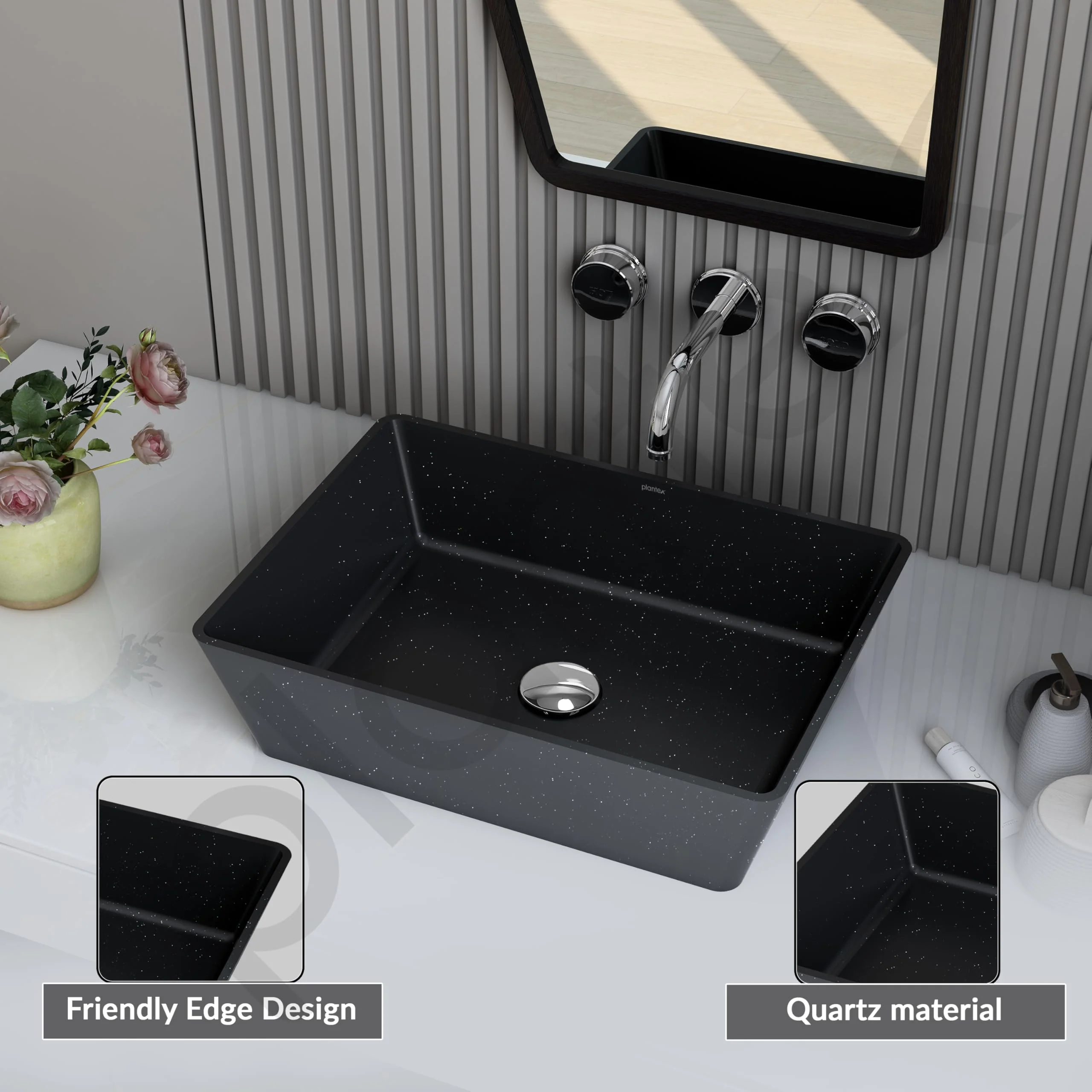 Plantex Table Top Basin for Bathroom/Quartz Rectangle Basin/Vessel Sink Basin Over Counter for Home/Restaurant (Black, 18 x 13 x 5 Inch) - Image 4
