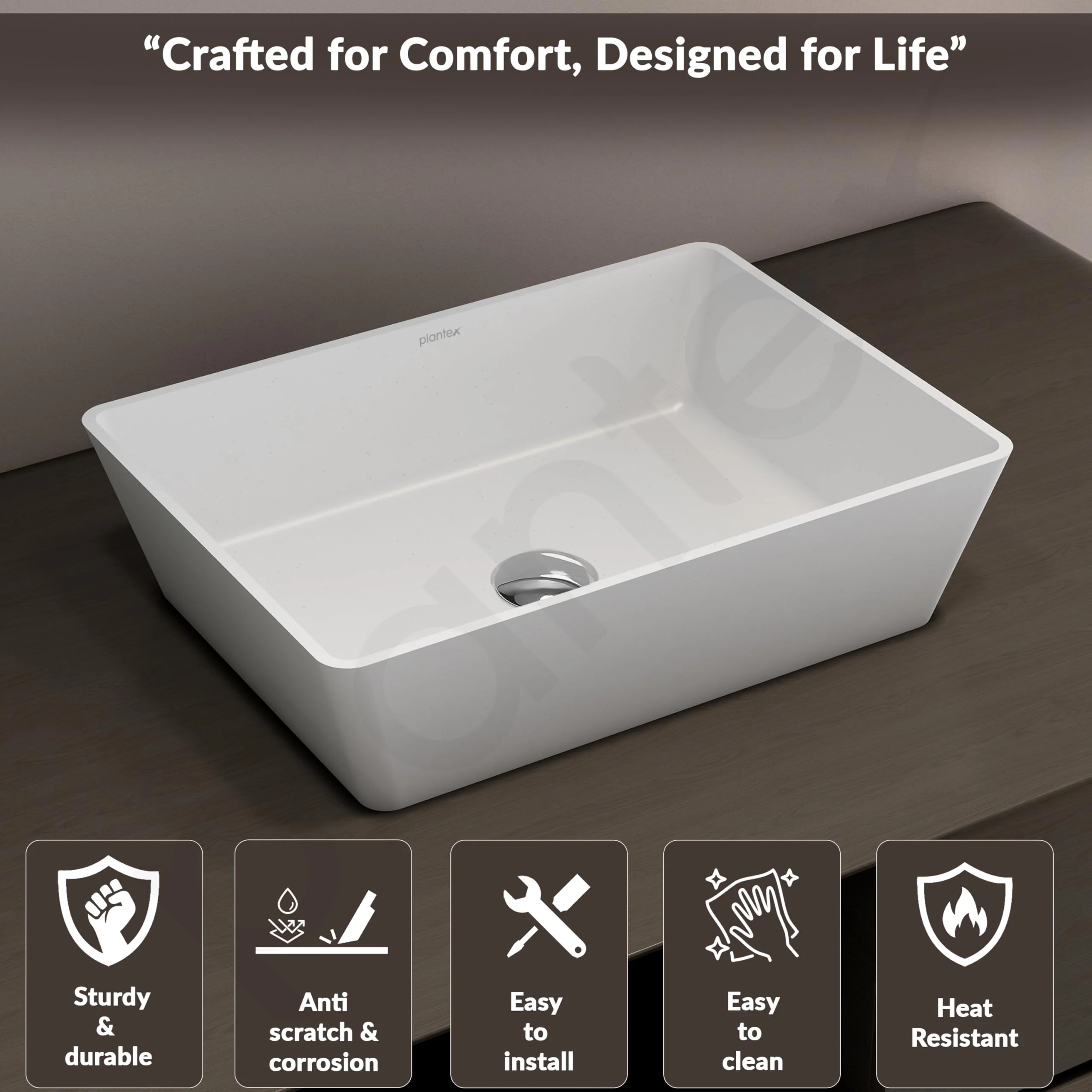 Plantex Table Top Basin for Bathroom/Quartz Rectangle Basin/Vessel Sink Basin Over Counter for Home/Restaurant (White, 18 x 13 x 5 Inch) - Image 4