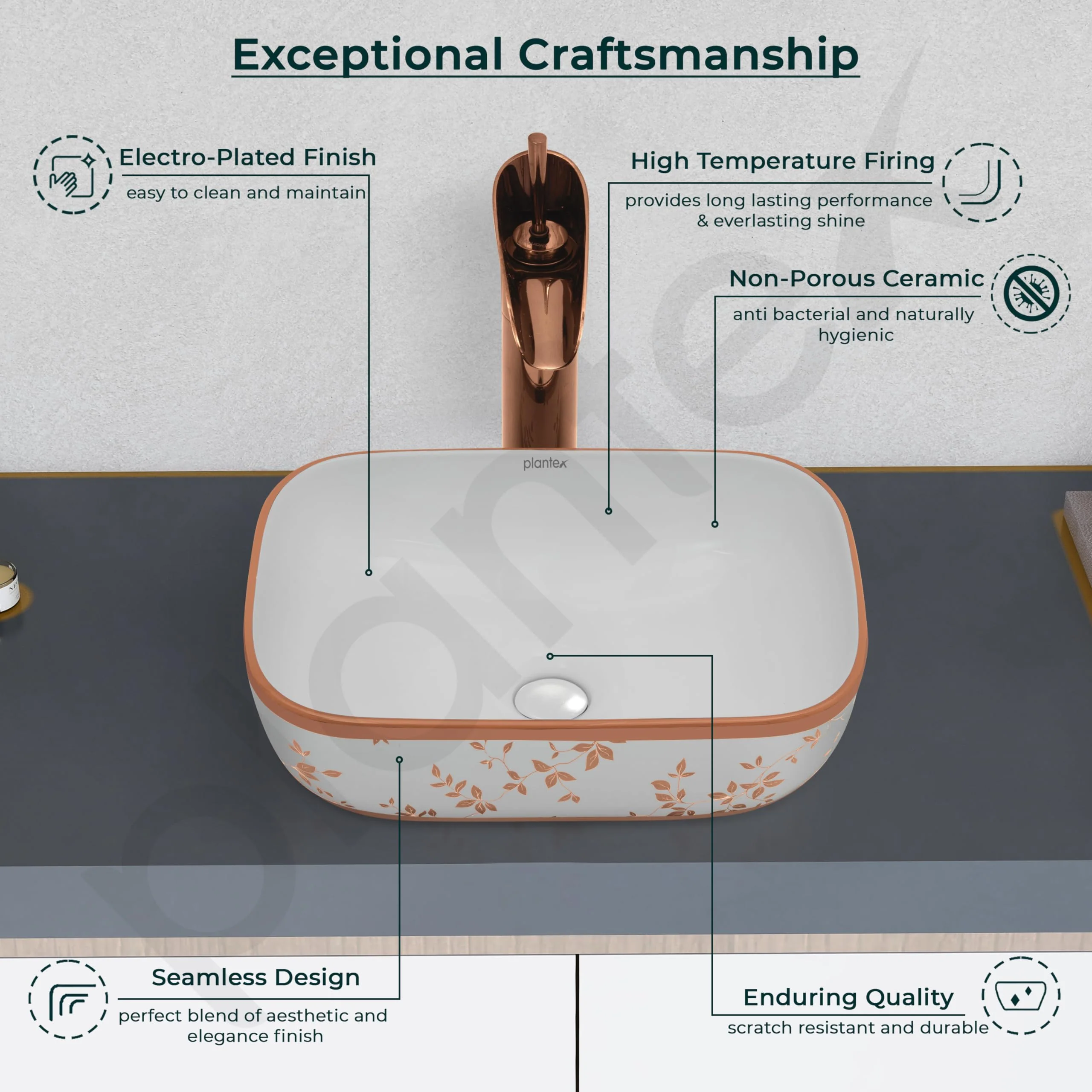 Plantex Table Top Wash Basin For Bathroom/Designer Ceramic Basin/Countertop Vessel Sink Basin - Indo-European Collection (14 x 10 x 5 Inch) - Image 3