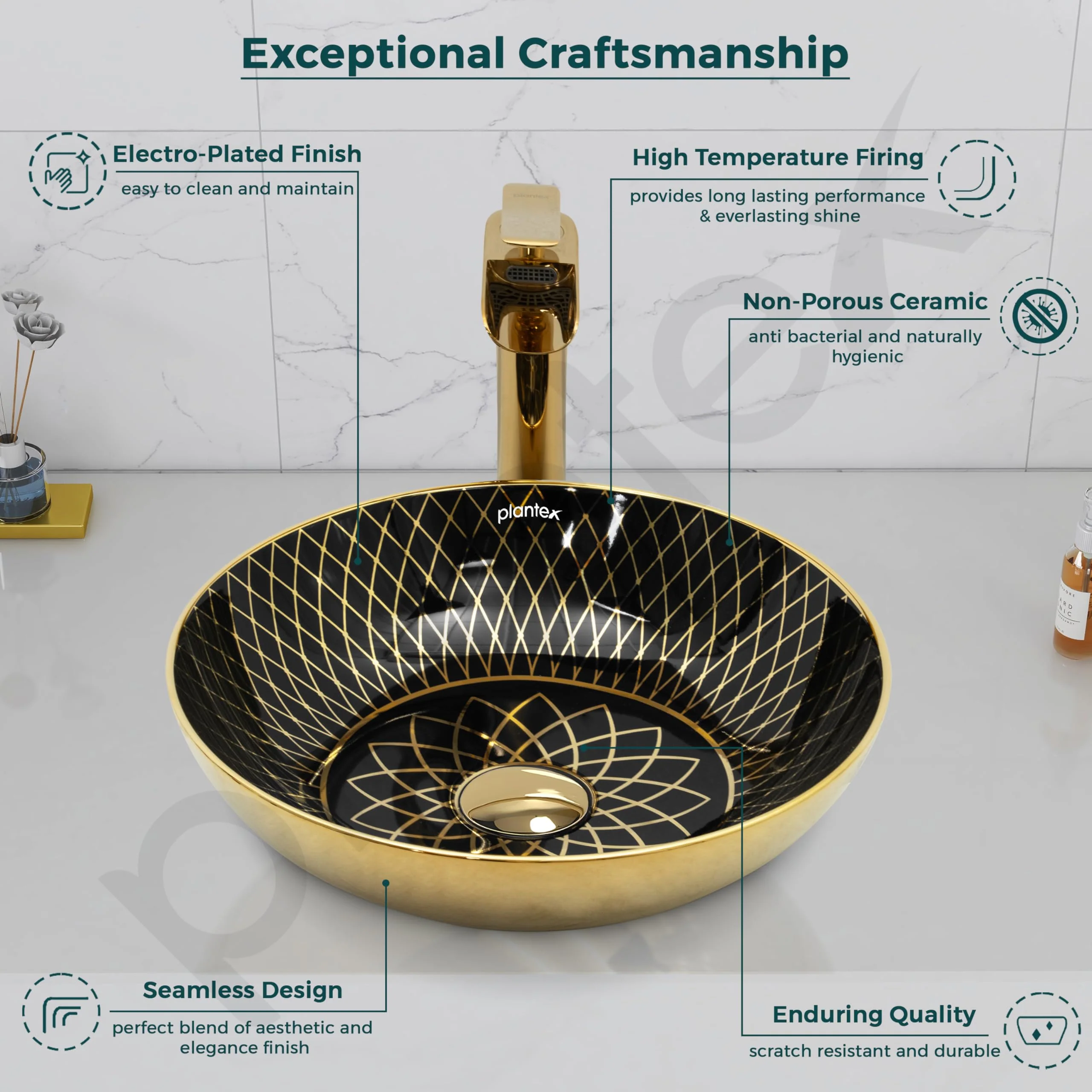 Plantex Table Top Wash Basin For Bathroom/Designer Ceramic Basin/Countertop Vessel Sink Basin - Indo-European Collection (16 x 16 x 5 Inch) - Image 3