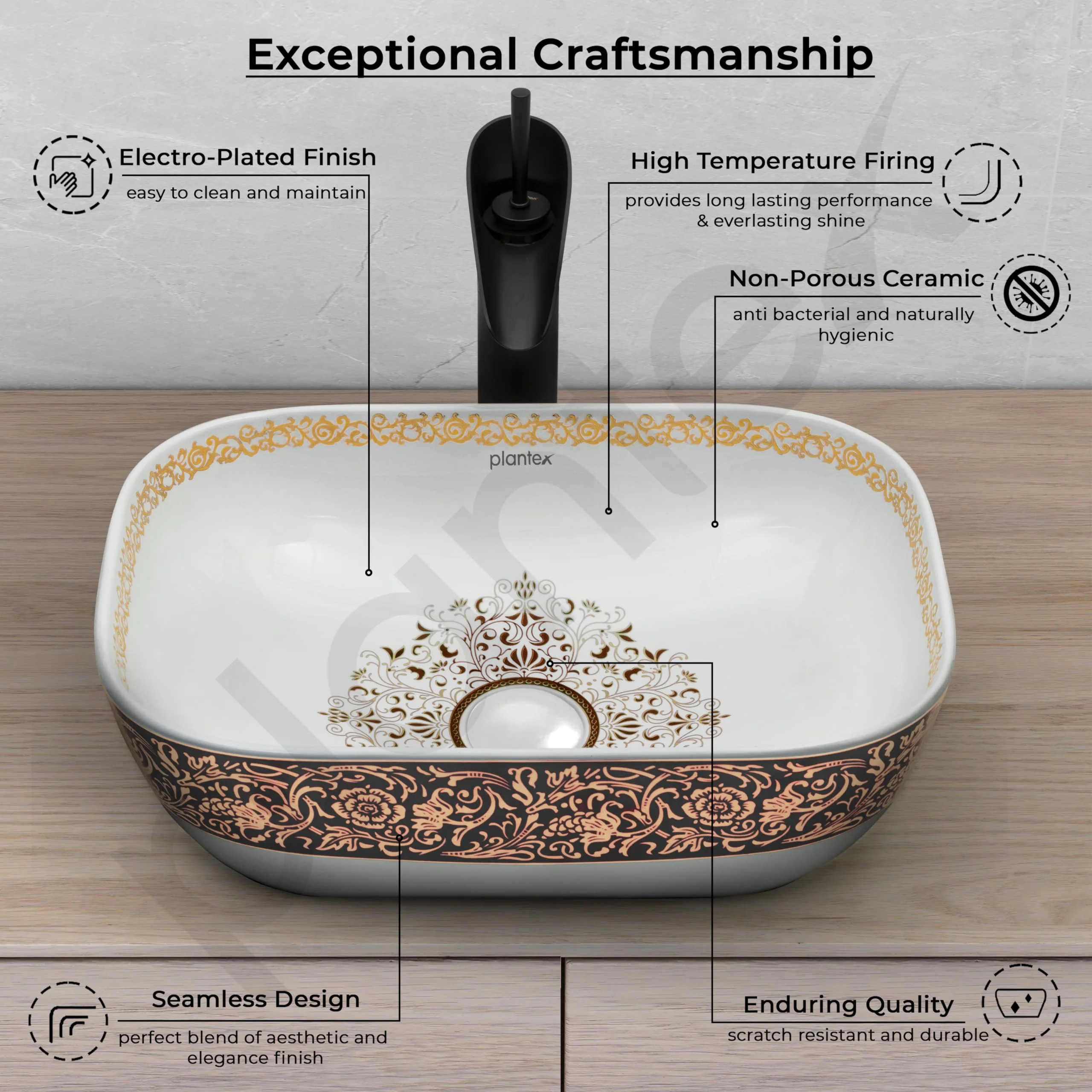 Plantex Table Top Wash Basin For Bathroom/Designer Ceramic Basin/Countertop Vessel Sink Basin - Indo-European Collection (18 x 13 x 5 Inch) - Image 3