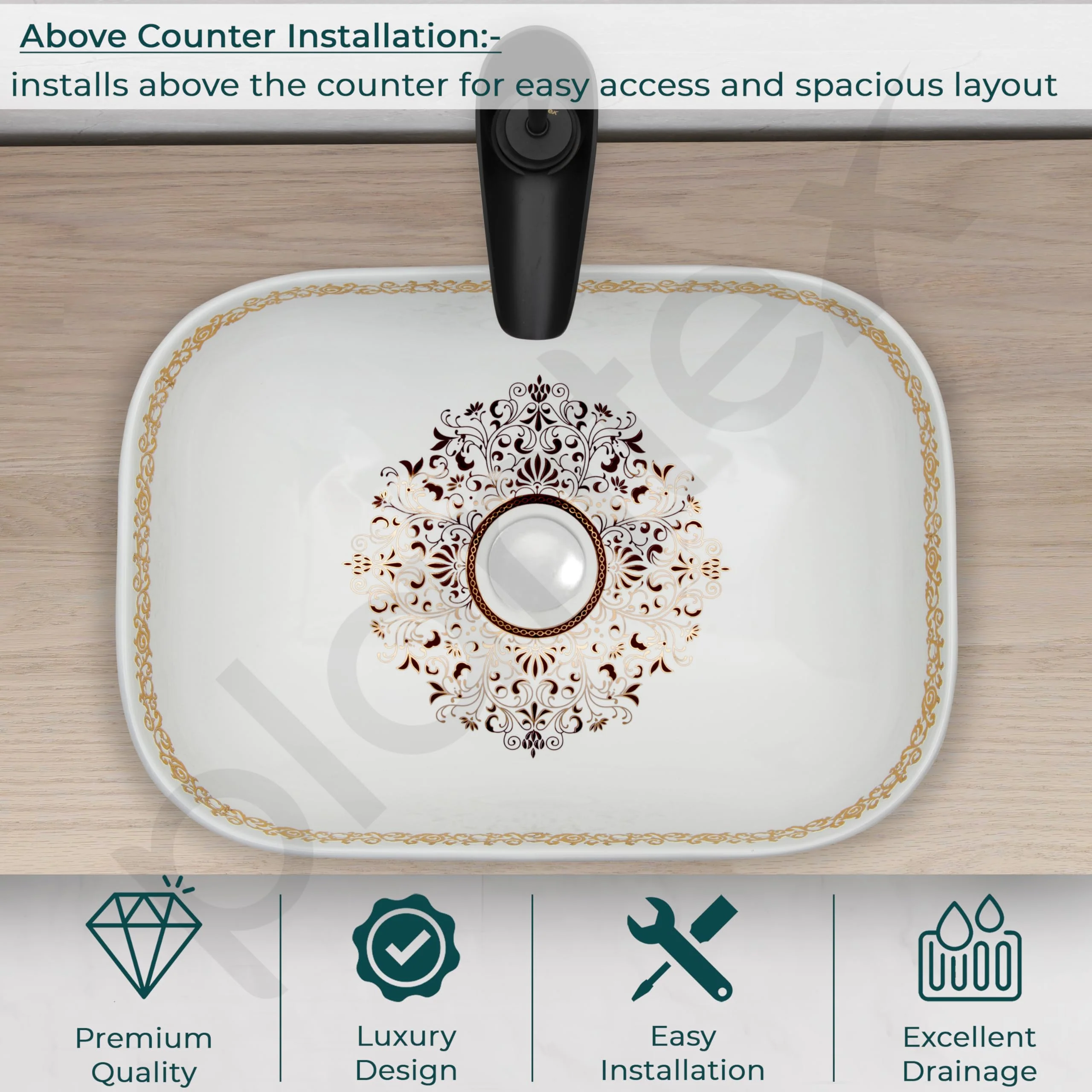 Plantex Table Top Wash Basin For Bathroom/Designer Ceramic Basin/Countertop Vessel Sink Basin - Indo-European Collection (18 x 13 x 5 Inch) - Image 4