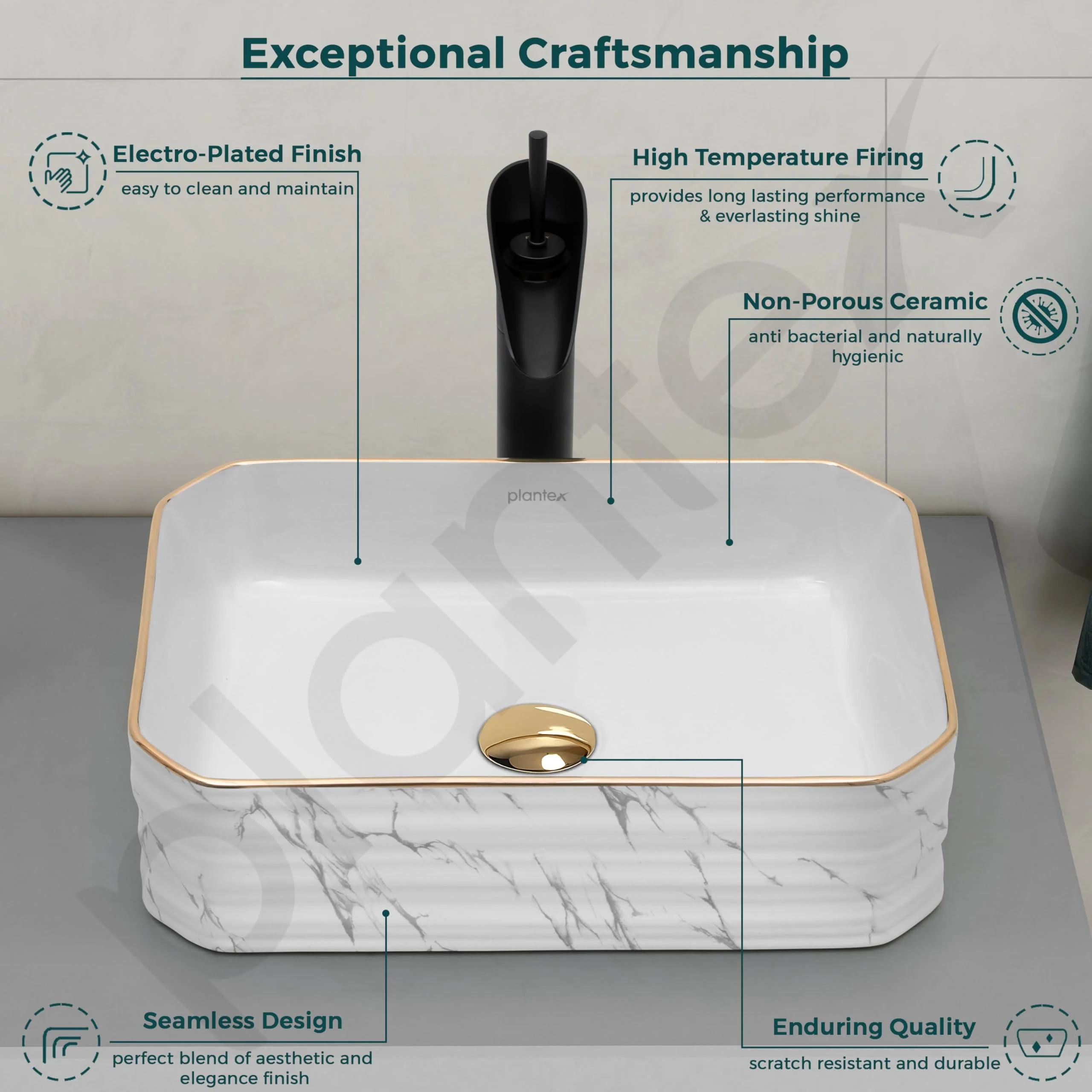Plantex Table Top Wash Basin For Bathroom/Designer Ceramic Basin/Countertop Vessel Sink Basin - Indo-European Collection (18 x 13 x 5 Inch) - Image 3