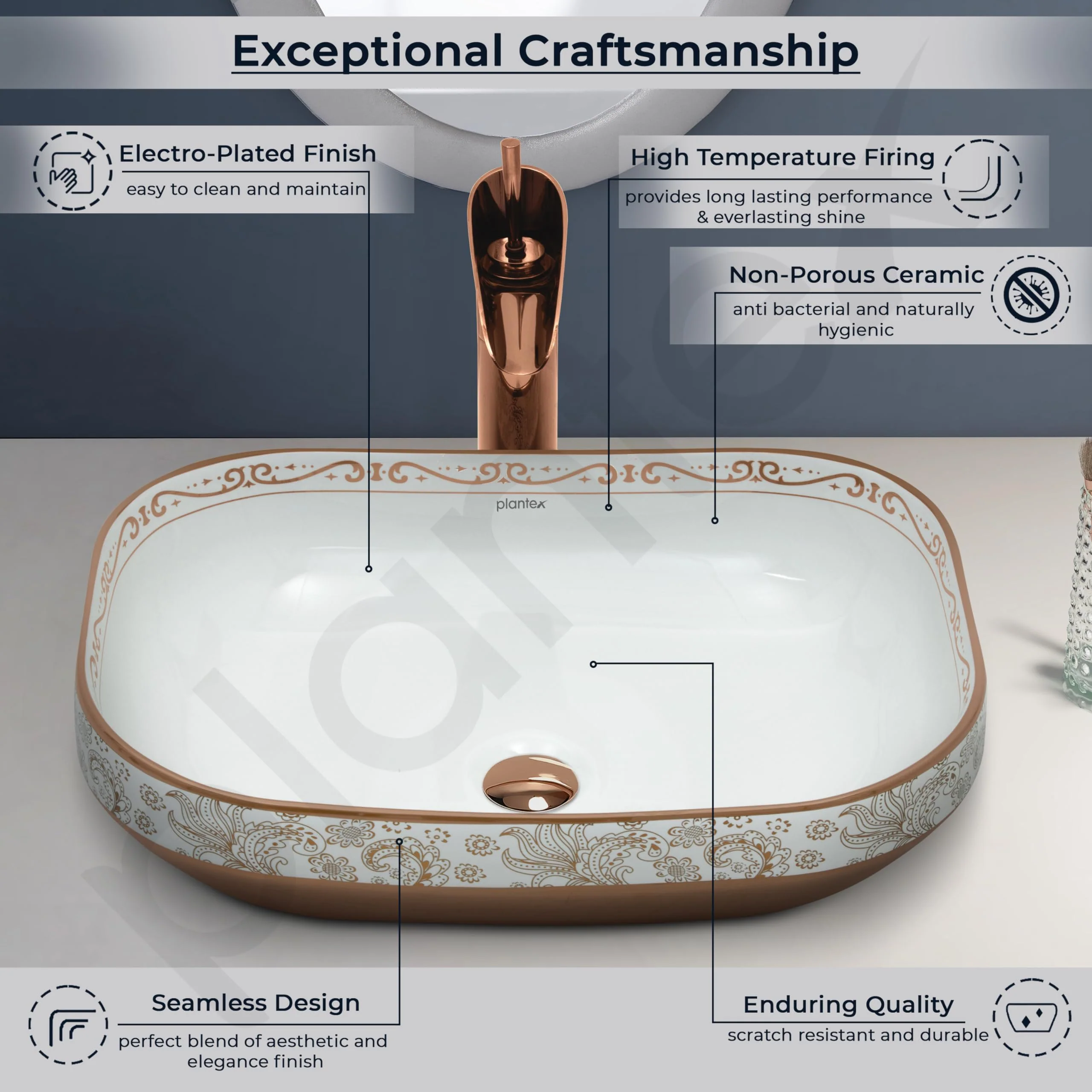 Plantex Table Top Wash Basin For Bathroom/Designer Ceramic Basin/Countertop Vessel Sink Basin - Indo-European Collection (20 x 14.5 x 5.5 Inch) - Image 3