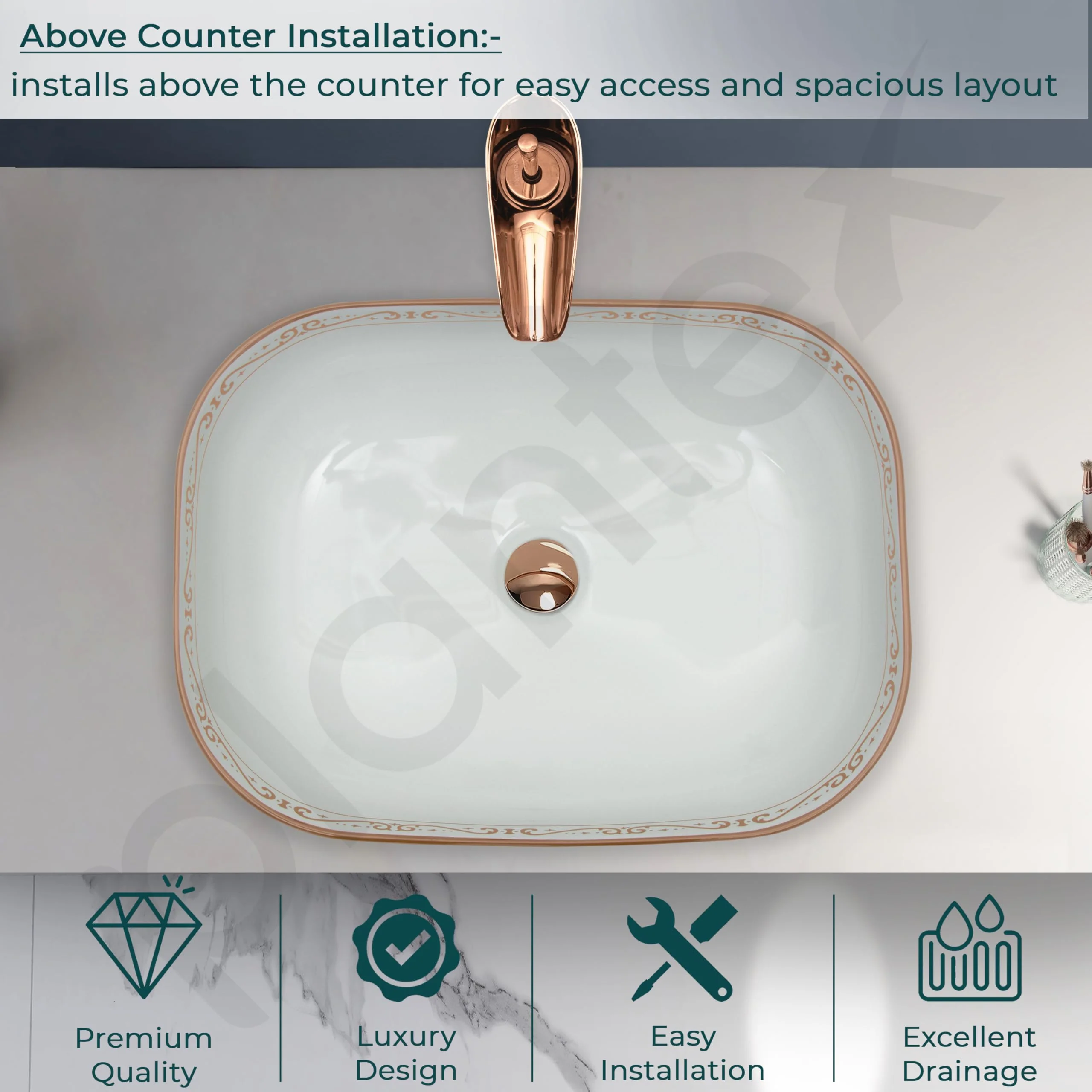 Plantex Table Top Wash Basin For Bathroom/Designer Ceramic Basin/Countertop Vessel Sink Basin - Indo-European Collection (20 x 14.5 x 5.5 Inch) - Image 5